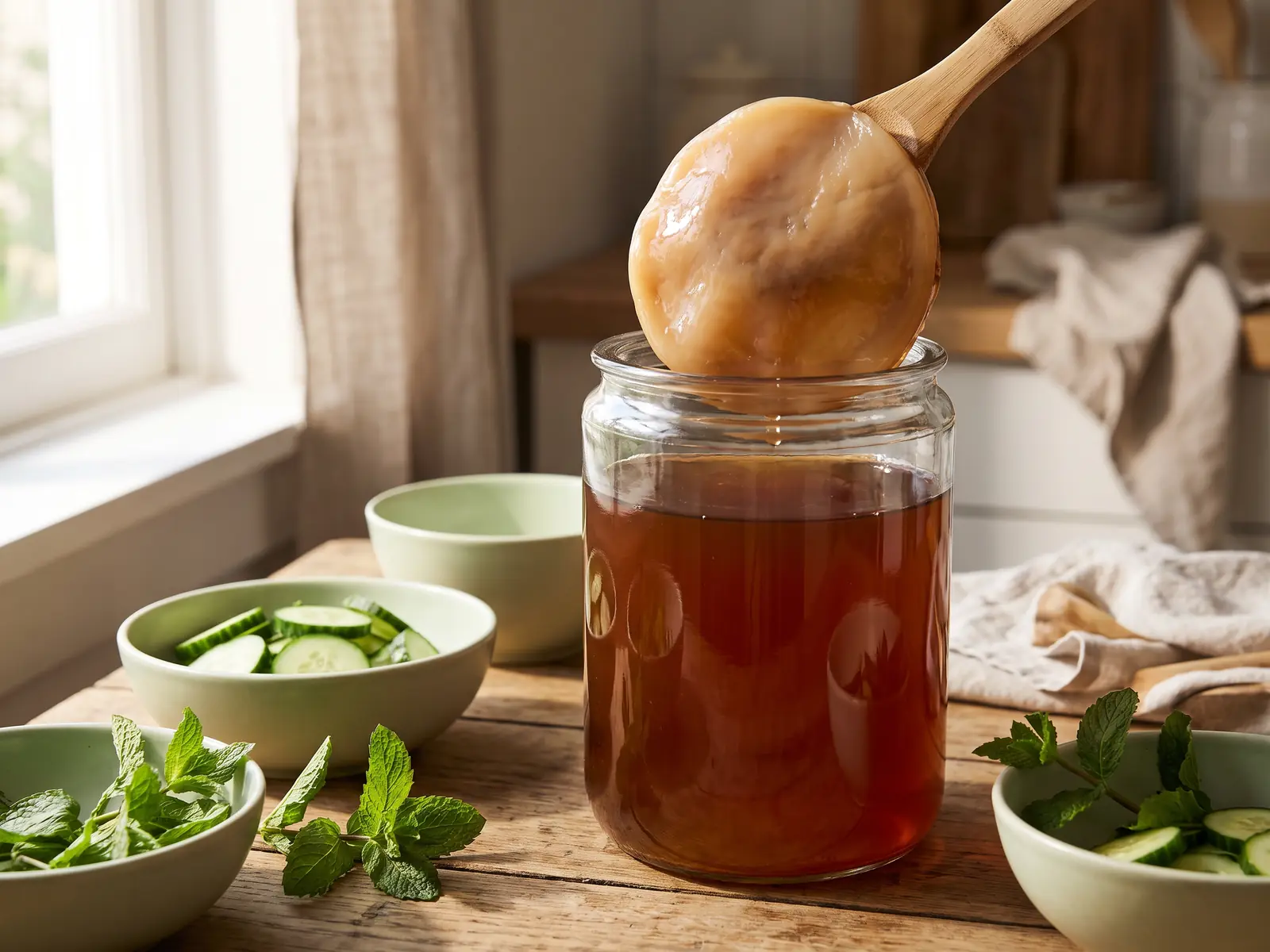 Bocal de kombucha avec SCOBY, concombre frais, menthe et bols verts dans une sc&egrave;ne estivale