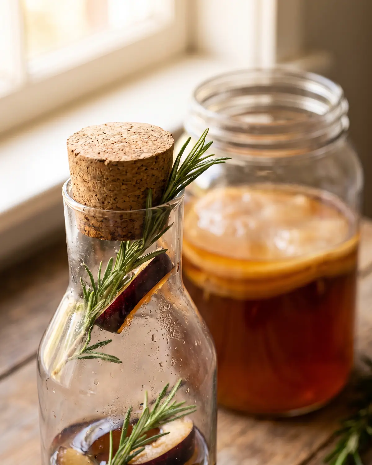 kombucha jared leto Goulot de bouteille de kombucha avec prune et romarin, condensation douce et SCOBY flou en arrière-plan