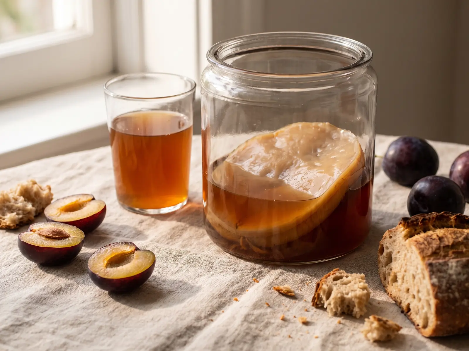 Verre de kombucha avec bocal de SCOBY, prunes et pain sur une table rustique en lin.
