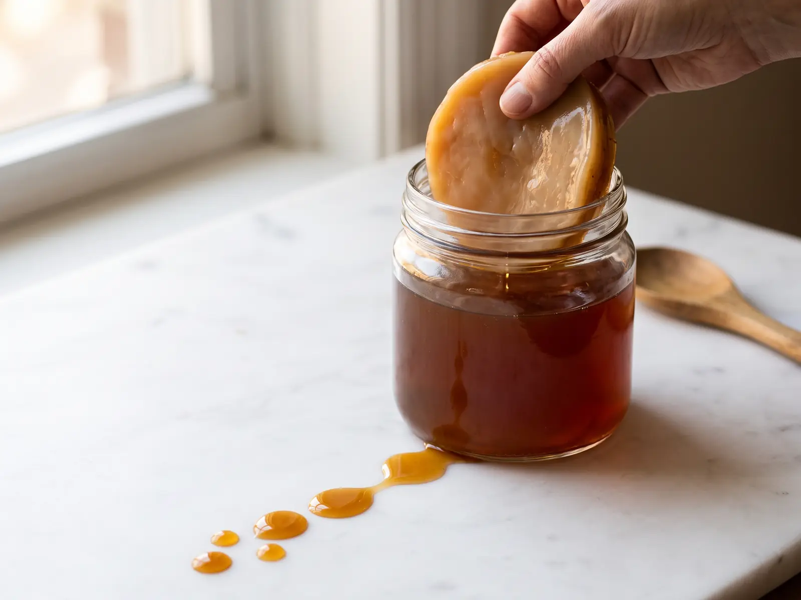 Gouttes ambr&eacute;es de kombucha sur marbre blanc menant vers un bocal avec un SCOBY beige brun.