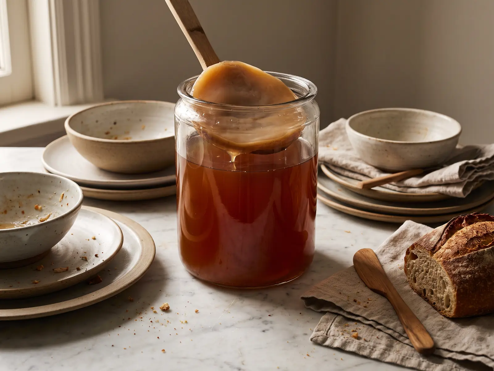 Bocal de SCOBY au centre d&rsquo;une table en marbre, avec vaisselle en c&eacute;ramique et lumi&egrave;re douce de jour couvert.