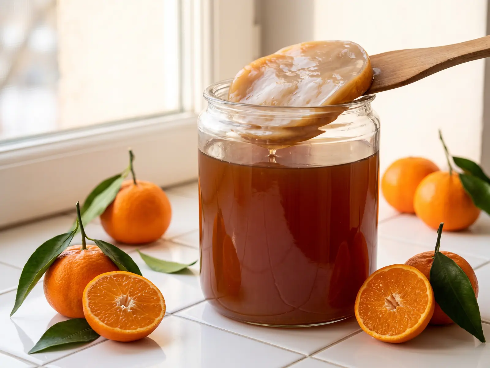 Bocal de kombucha ambr&eacute; avec SCOBY pr&egrave;s de mandarines sur des carreaux blancs en lumi&egrave;re d&rsquo;hiver