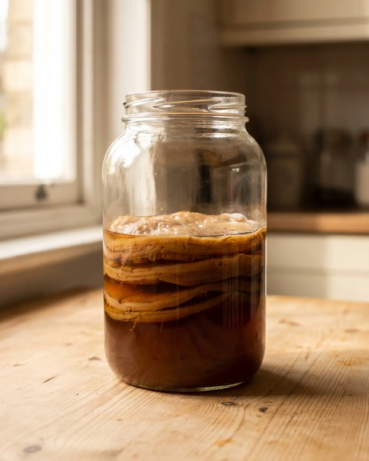 kombucha alcool ou pas Grand bocal de réserve avec plusieurs SCOBY empilés dans du liquide mère pour conserver la culture.