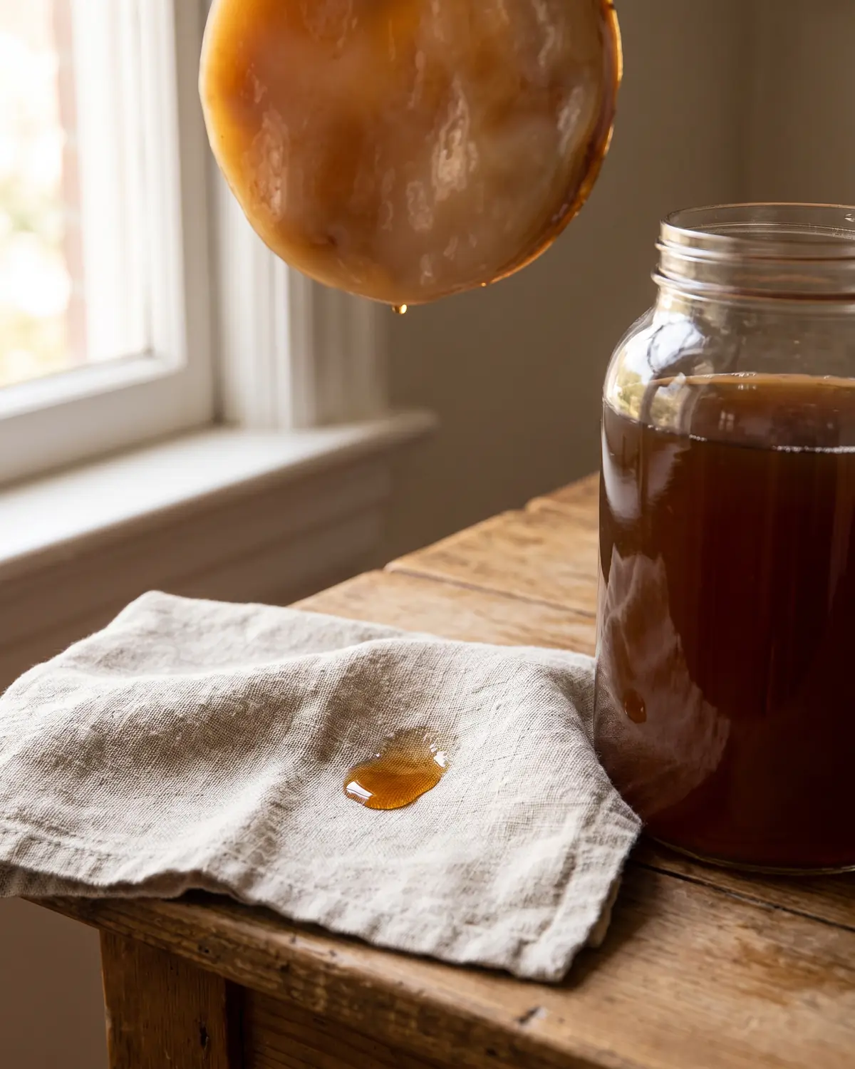Goutte de liquide m&egrave;re absorb&eacute;e par un linge brut, avec le bocal de kombucha flou en arri&egrave;re-plan.
