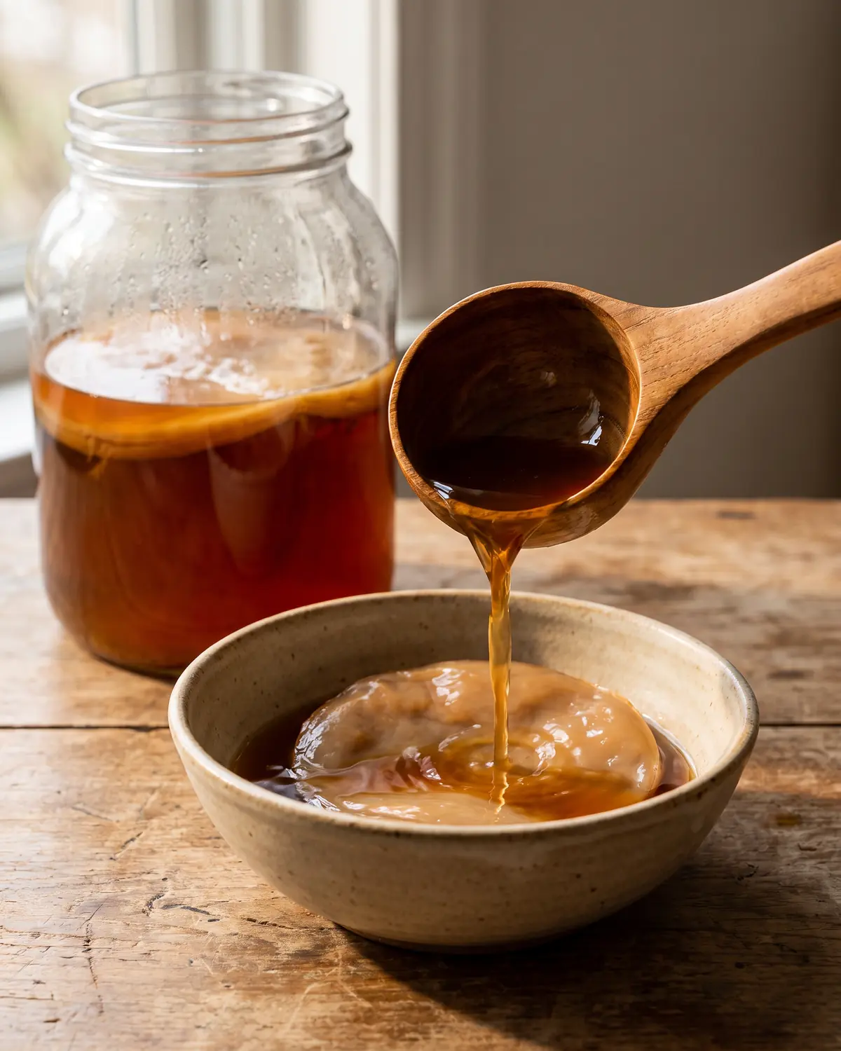 Gros plan du liquide m&egrave;re vers&eacute; dans un bol beige, avec un bocal et un SCOBY flous &agrave; l&rsquo;arri&egrave;re-plan.