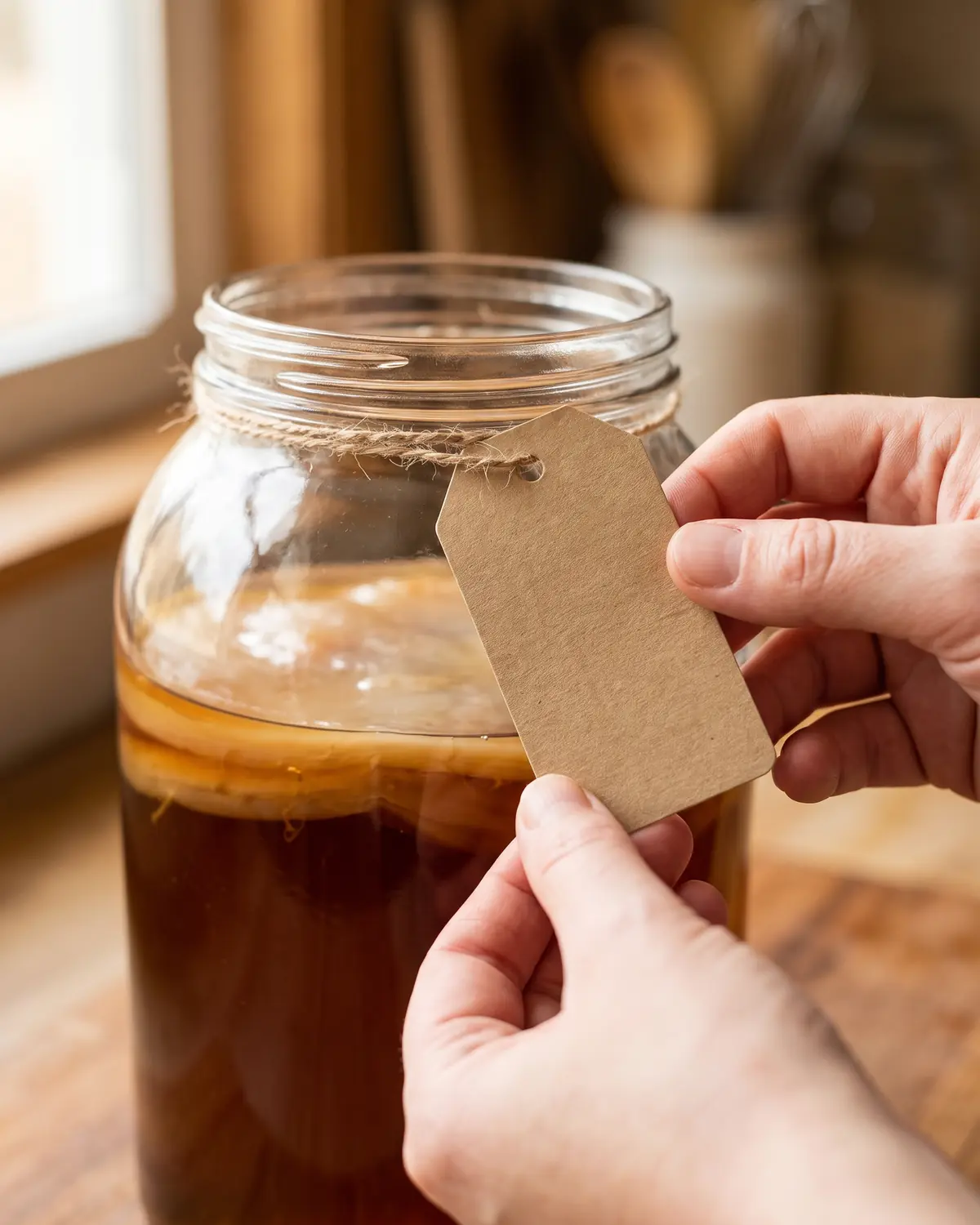 faire son kombucha Main attachant une étiquette kraft au cordon d’un bocal de kombucha, avec un SCOBY ambré flou.