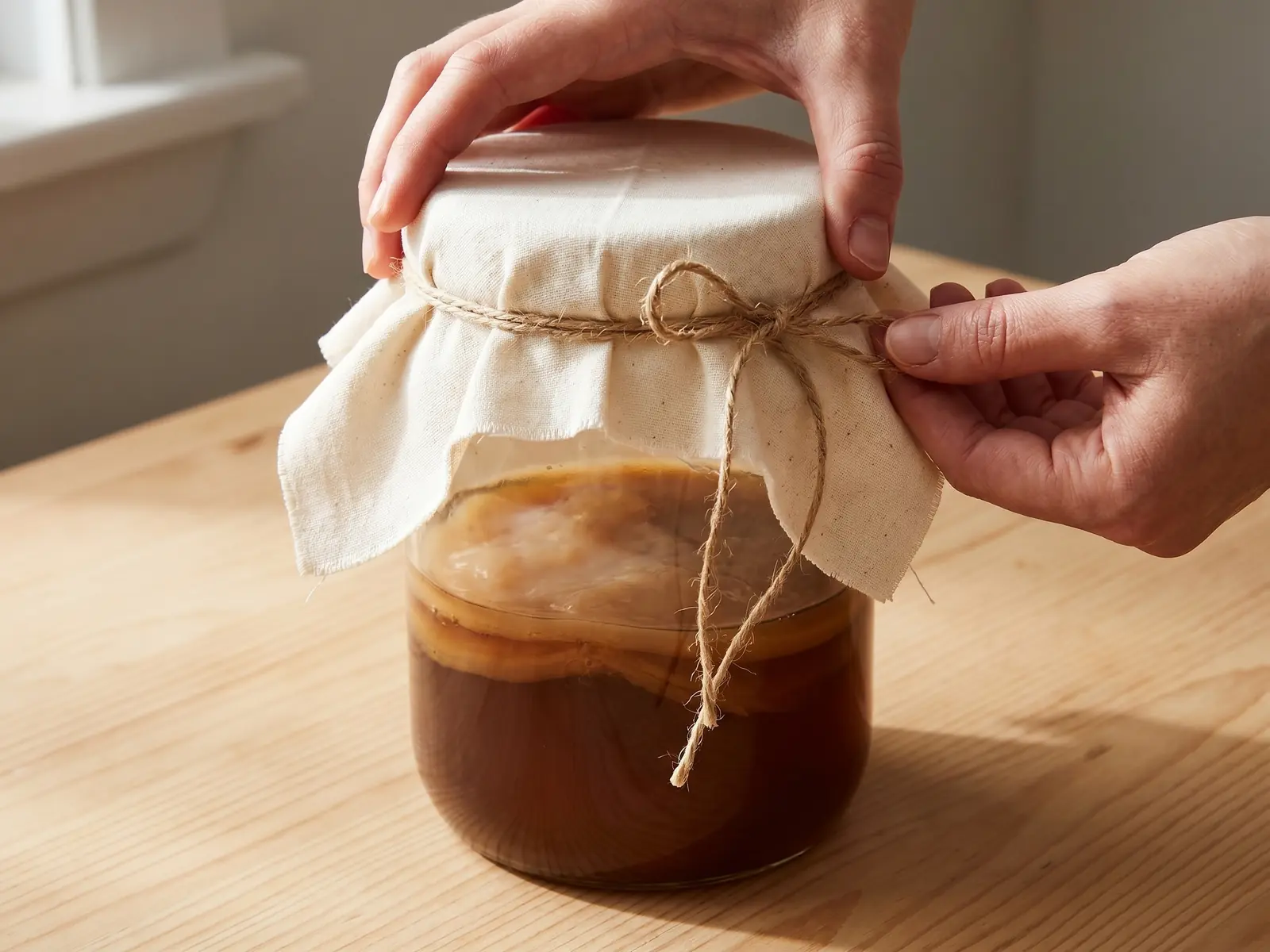 Main posant un tissu en coton sur un bocal de kombucha, avec cordel naturel et bois clair.