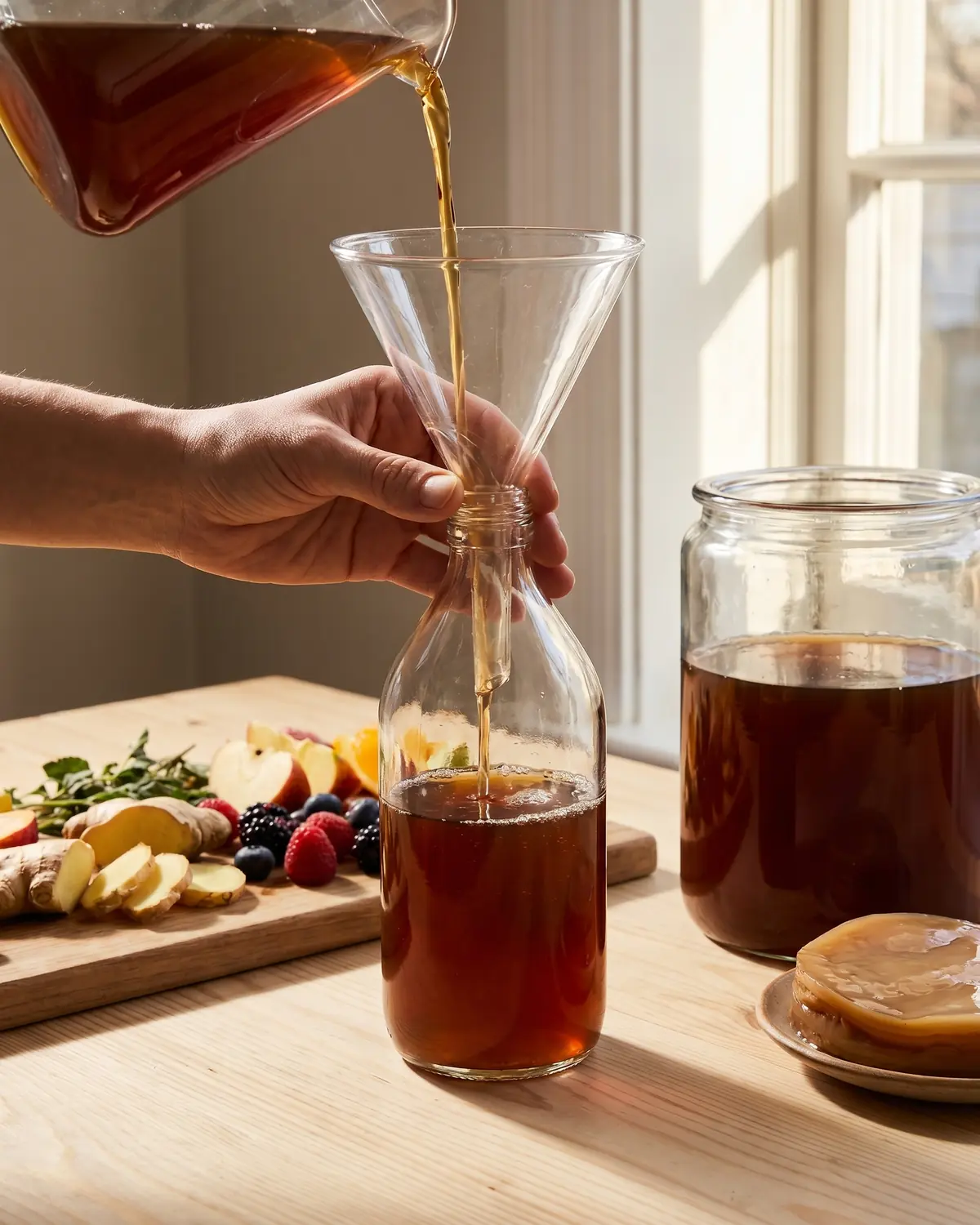 Main tenant un entonnoir en verre au-dessus d&rsquo;une bouteille de kombucha avec des fruits sur du bois clair