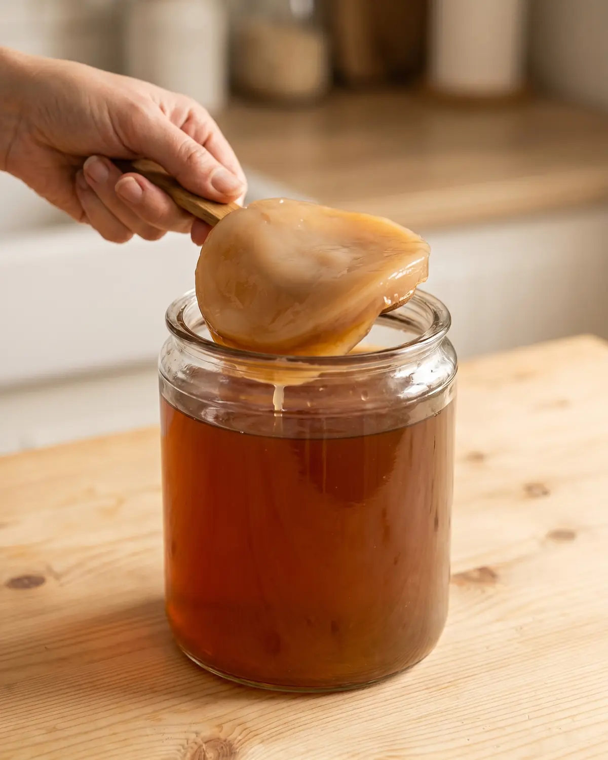Main soulevant d&eacute;licatement un SCOBY avec une cuill&egrave;re en bois au-dessus d&rsquo;un bocal de kombucha.