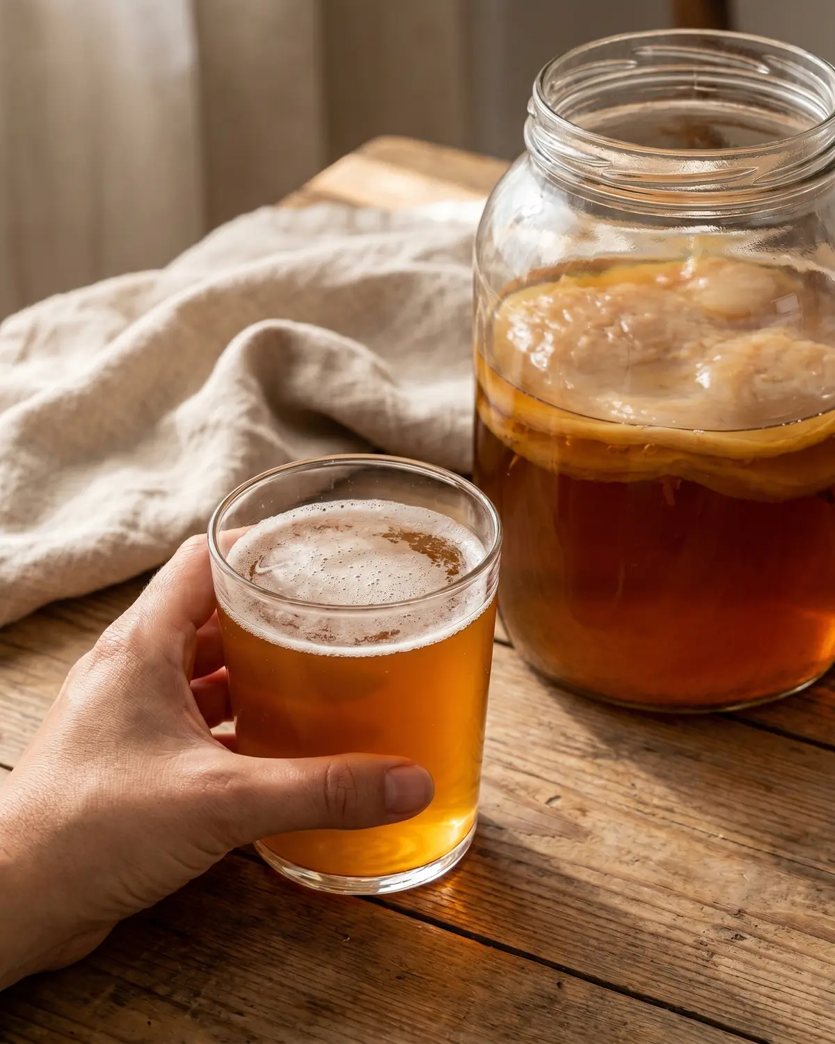 Main tenant un verre de kombucha ambr&eacute; avec une mousse l&eacute;g&egrave;re en surface, devant un tissu en lin naturel.
