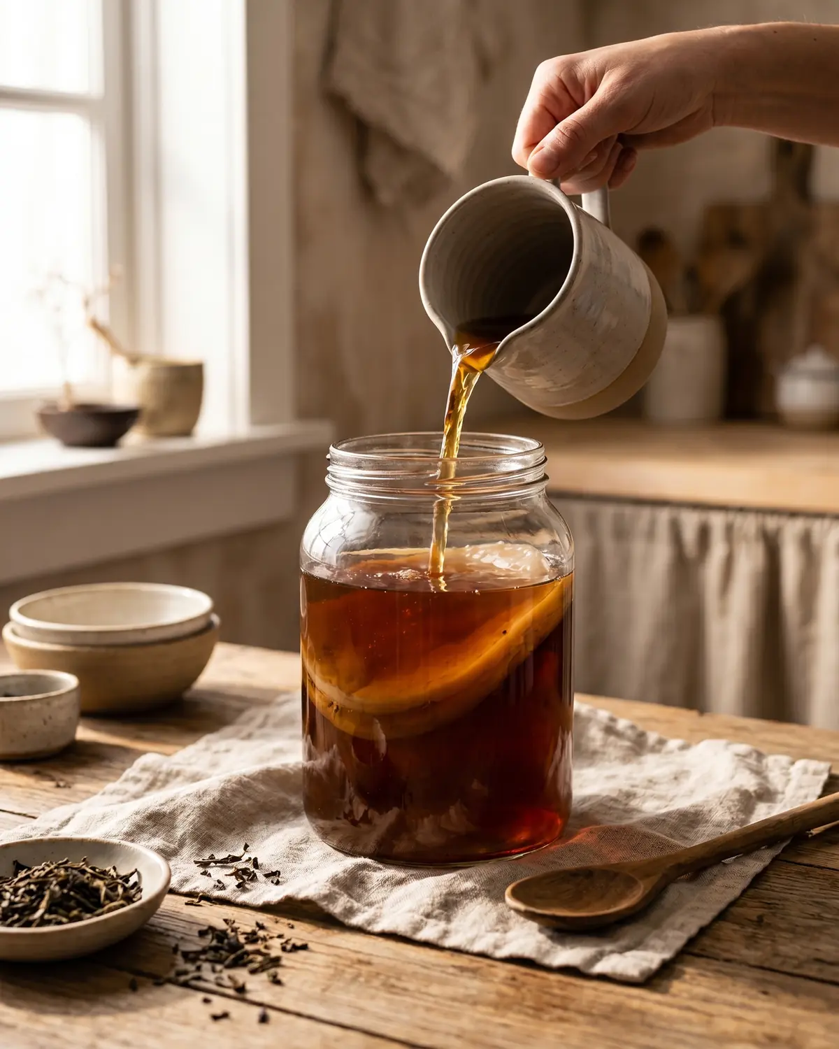 Main versant du th&eacute; refroidi dans un bocal de kombucha, avec le SCOBY pos&eacute; au fond du r&eacute;cipient.