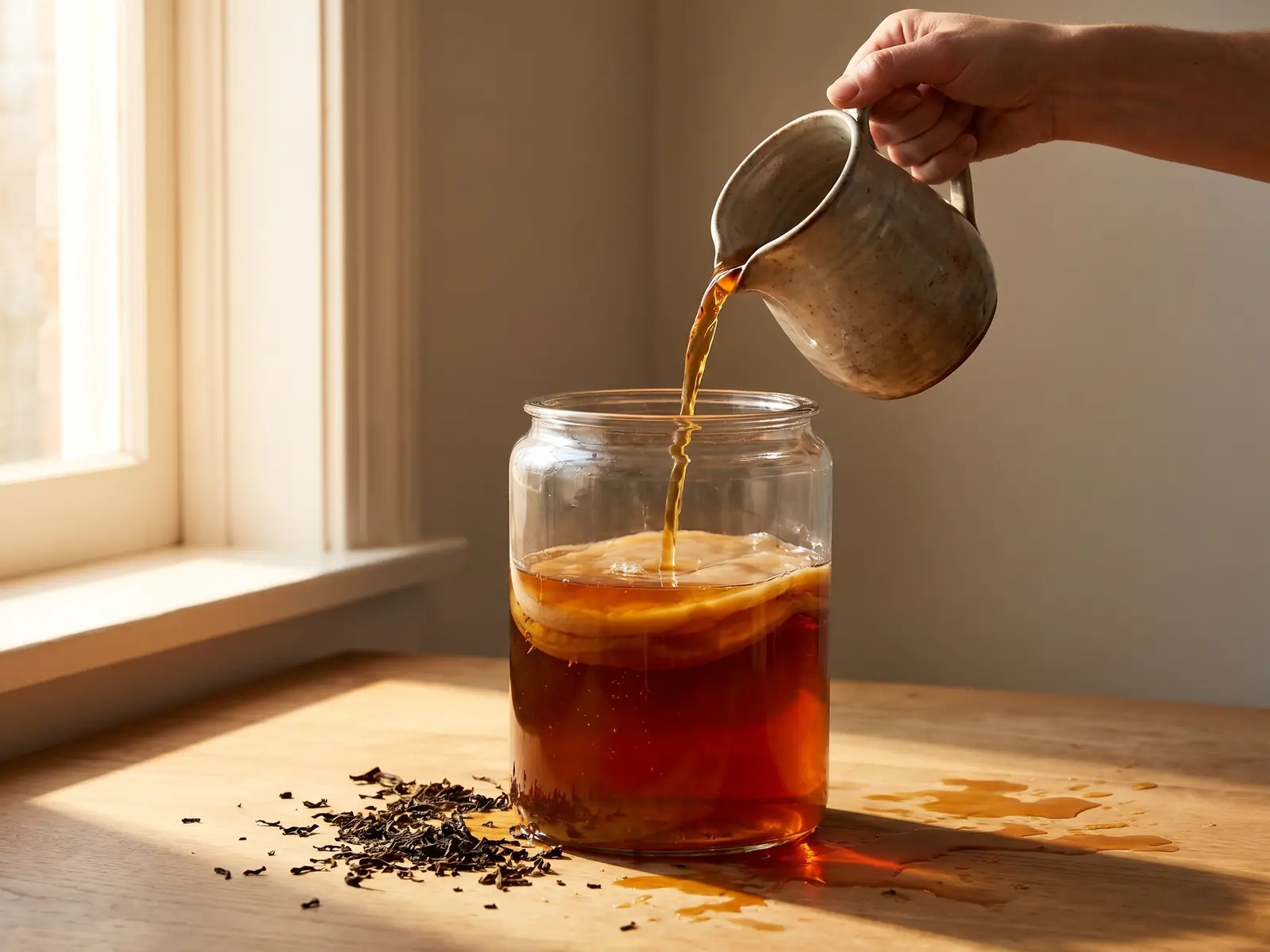 Main versant du th&eacute; sucr&eacute; refroidi dans un bocal avec une m&egrave;re de kombucha beige.