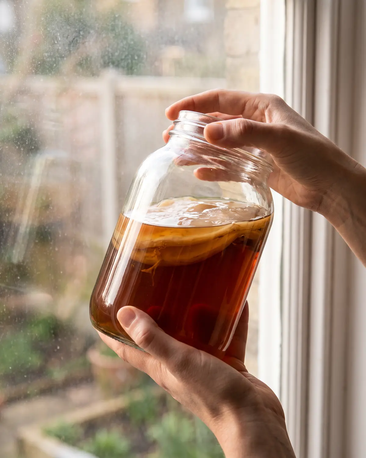 Deux mains tiennent un bocal de kombucha devant une fen&ecirc;tre pour observer la clart&eacute; et le SCOBY suspendu.