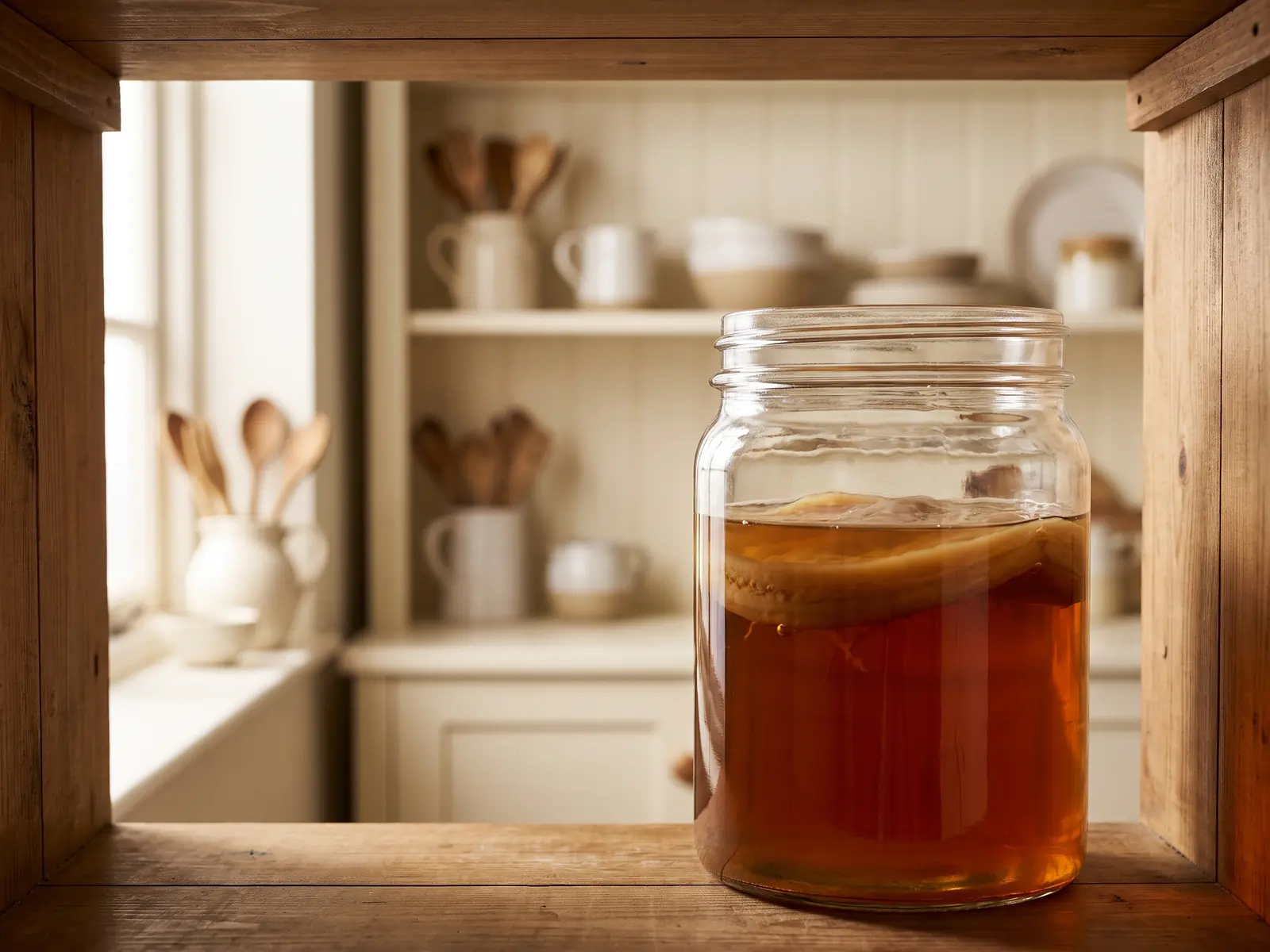 difference entre kefir et kombucha Bocal de kombucha avec SCOBY vu depuis une armoire, dans une cuisine crème légèrement floue.