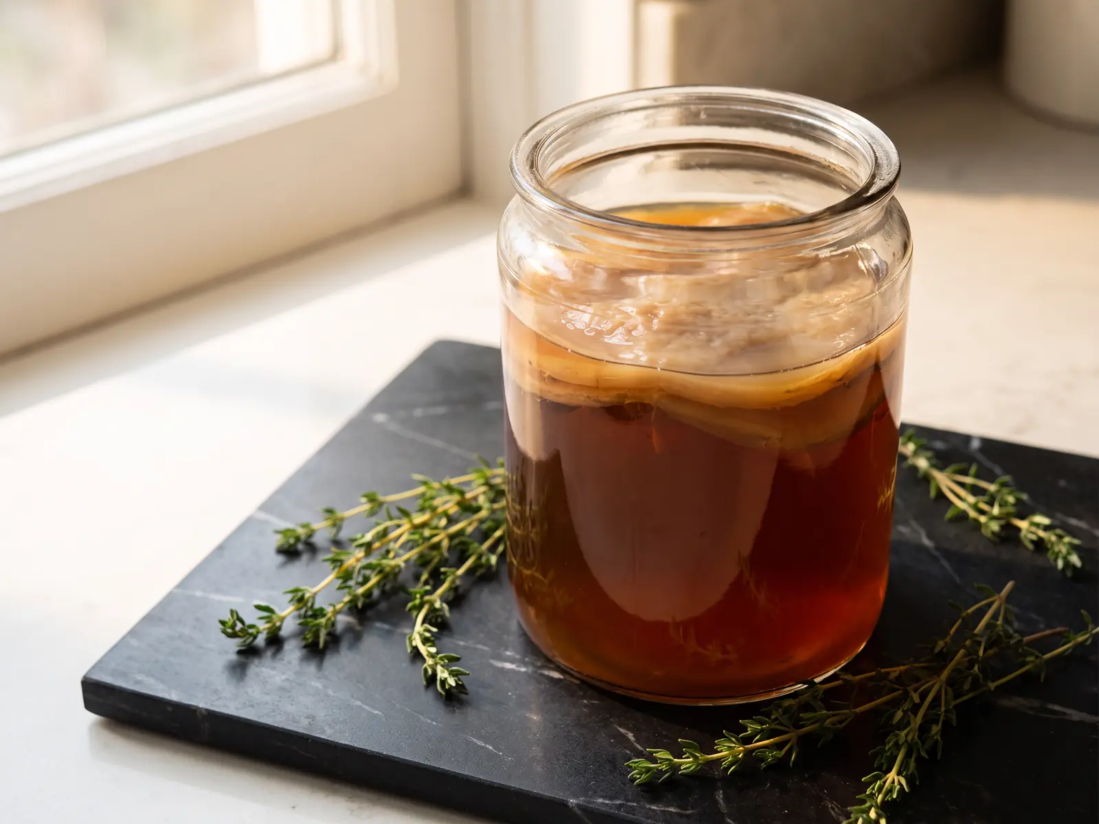 Bocal de SCOBY beige sur marbre noir avec branches de thym, &eacute;clair&eacute; par une lumi&egrave;re douce de fen&ecirc;tre.