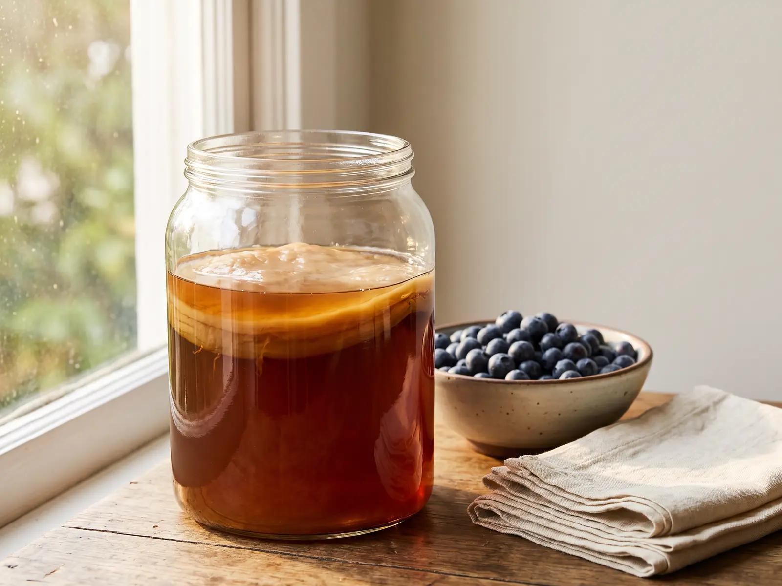 kombucha mushroom Bocal de mère de kombucha près d’une fenêtre, avec un bol de myrtilles et des serviettes crème.