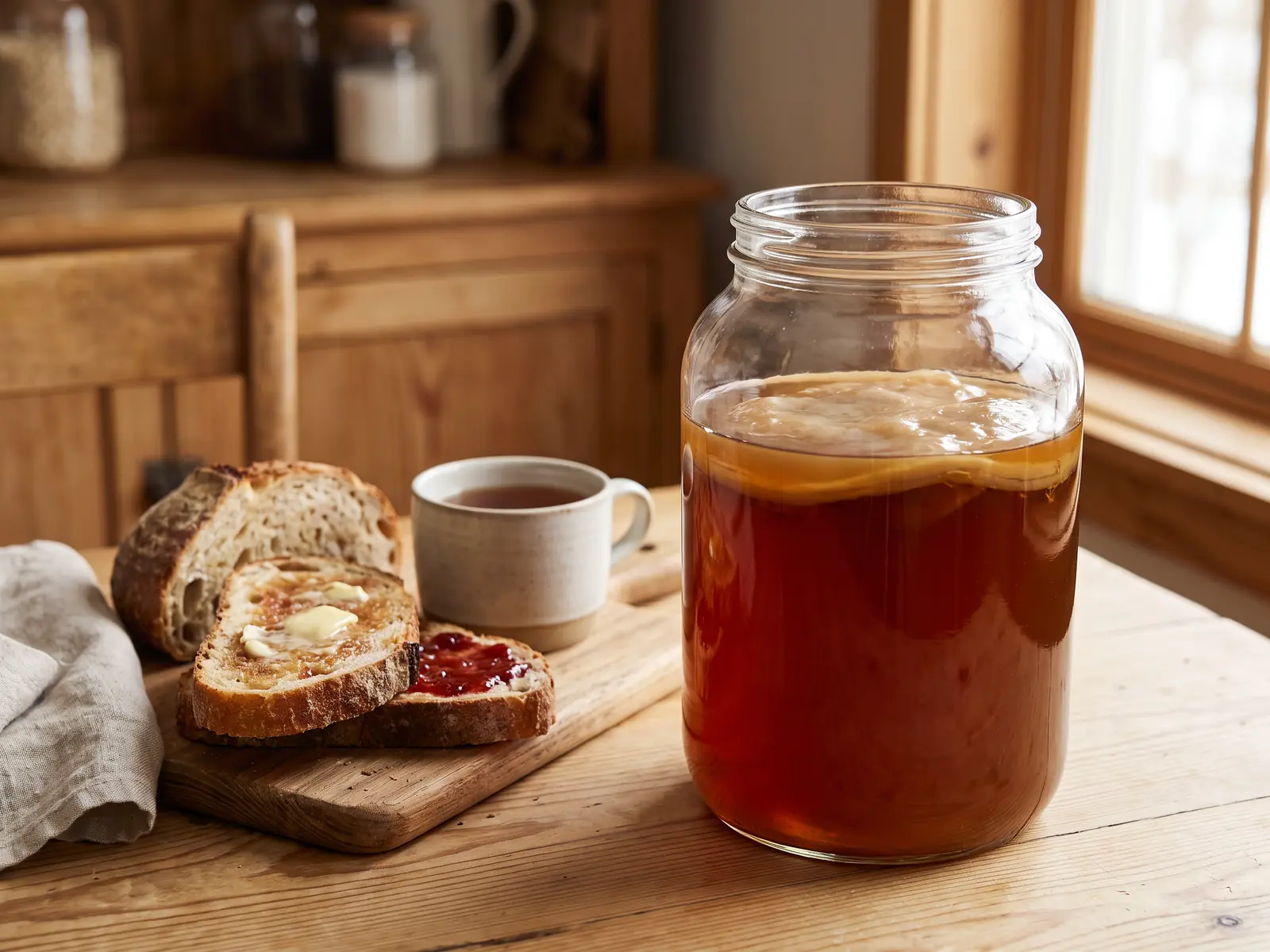 Bocal de kombucha avec SCOBY sur une table de pin, th&eacute; ambr&eacute; et tartines au petit-d&eacute;jeuner.