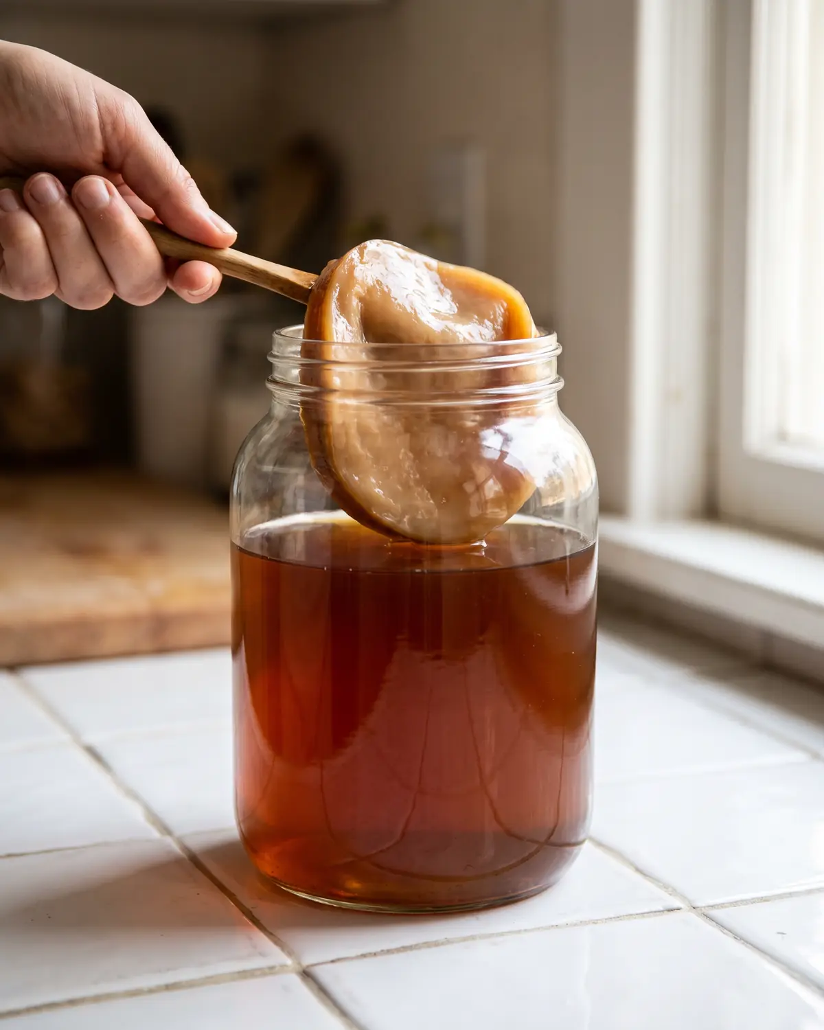 Gros plan d&rsquo;un bocal de kombucha avec SCOBY en surface et microbulles devant des carreaux blancs
