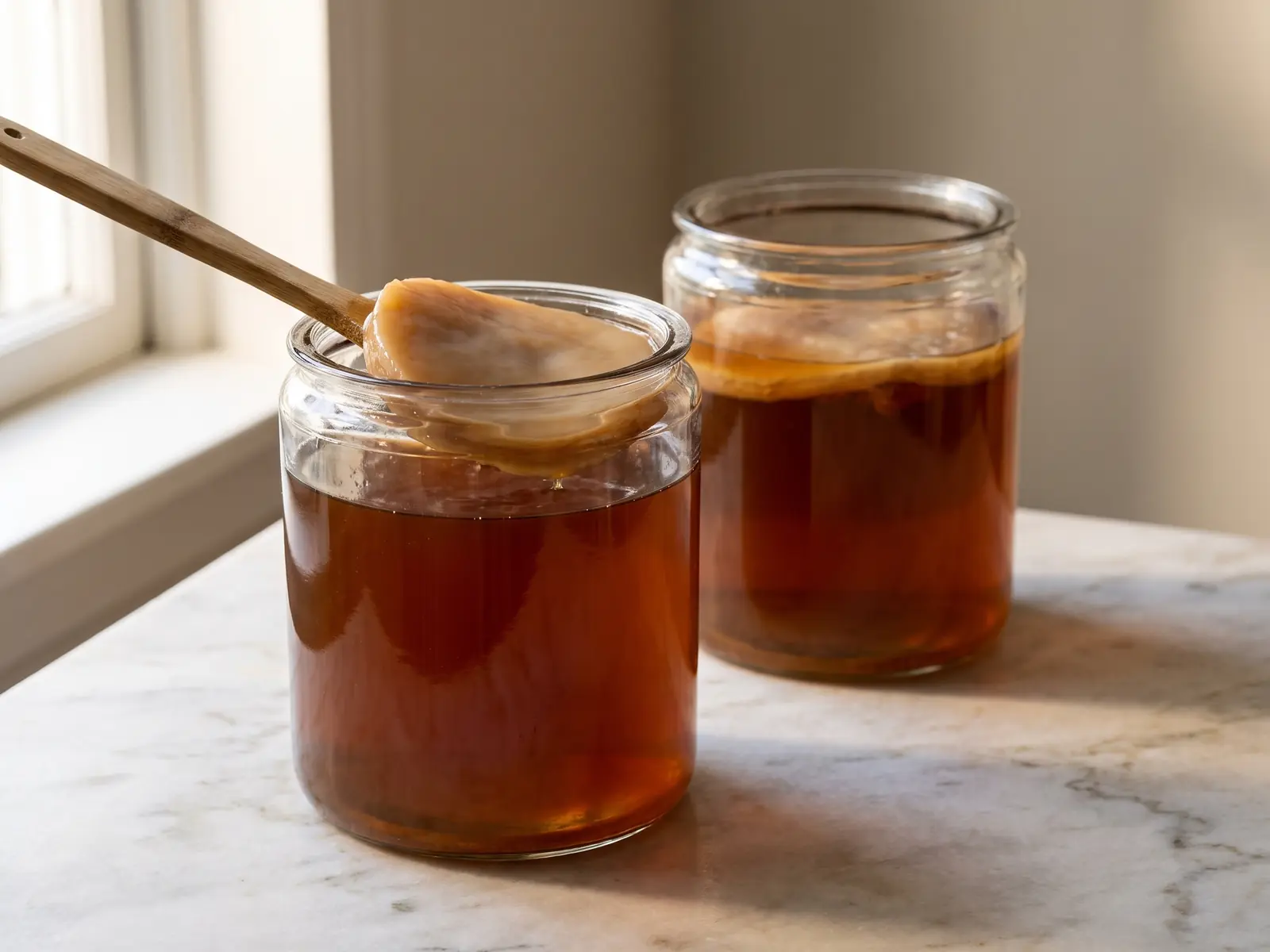 kombucha conservation après ouverture Deux bocaux de kombucha sur une surface en marbre, avec des SCOBY flottant dans un thé ambré.