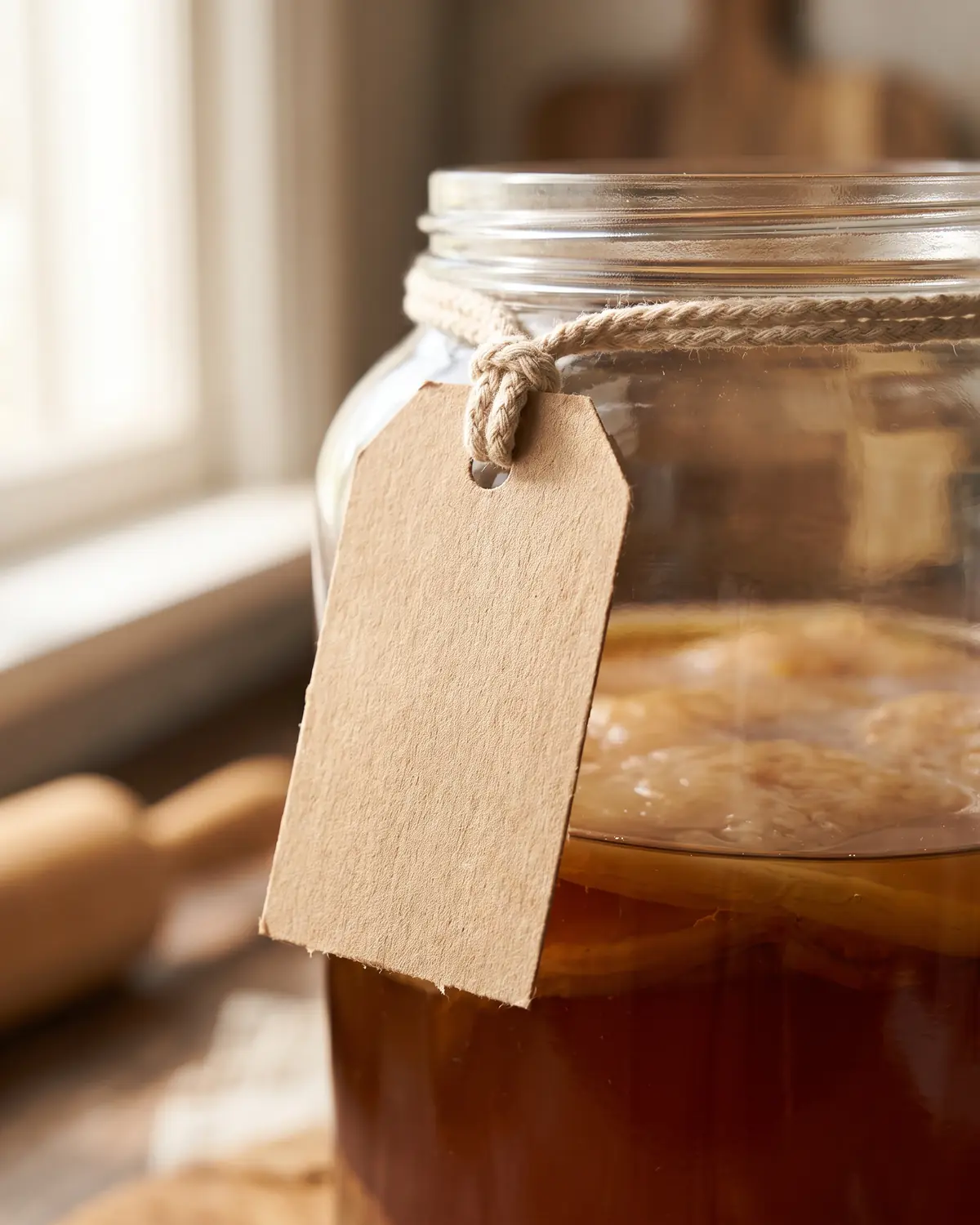 D&eacute;tail d&rsquo;un cordon nou&eacute; tenant une &eacute;tiquette kraft sur un bocal de kombucha avec SCOBY flou.