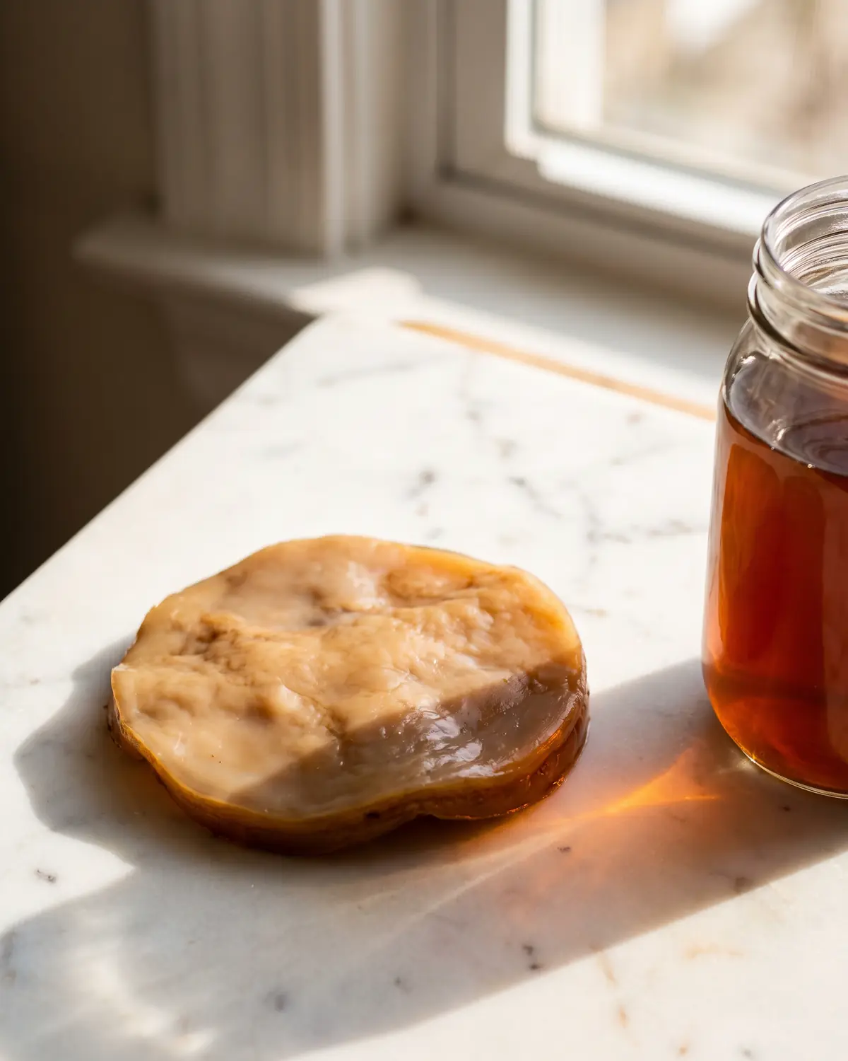 comment boire le kombucha pour maigrir Disque de SCOBY ambré dans un bocal partiellement visible, avec une ombre douce sur marbre blanc.