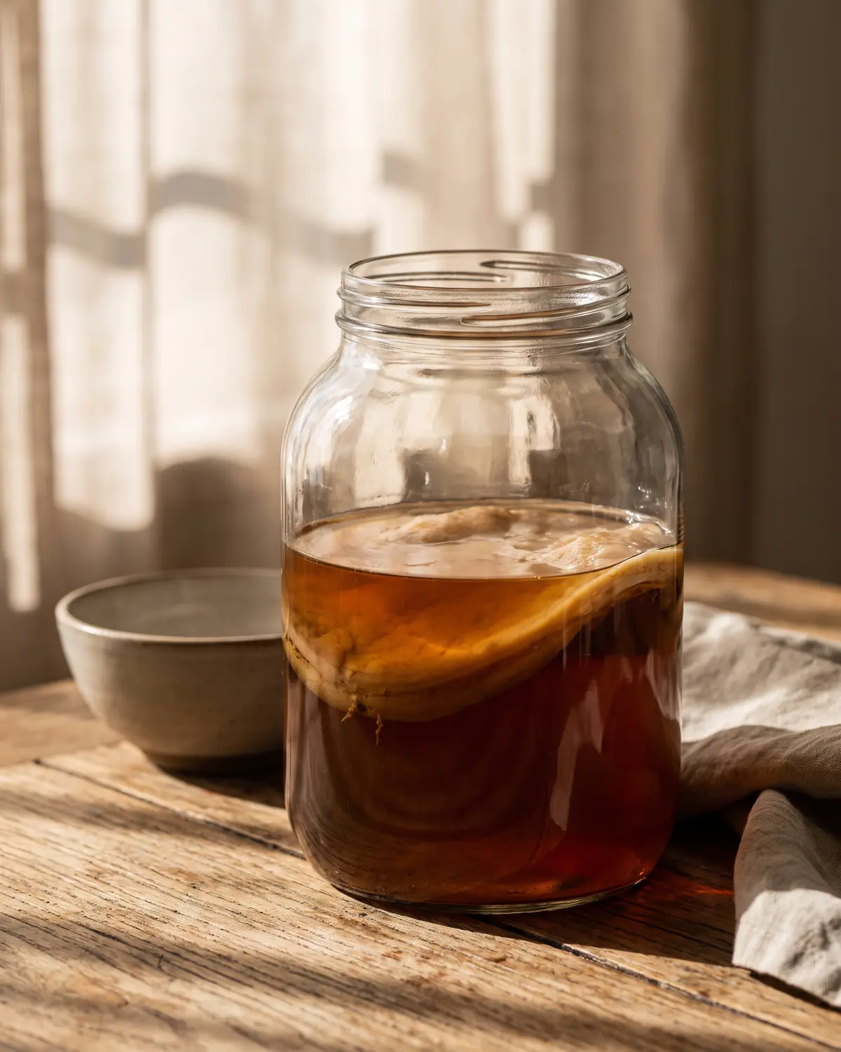 kombucha ballonnements Un bocal de kombucha ambré avec SCOBY se dessine derrière les ombres d’un rideau.
