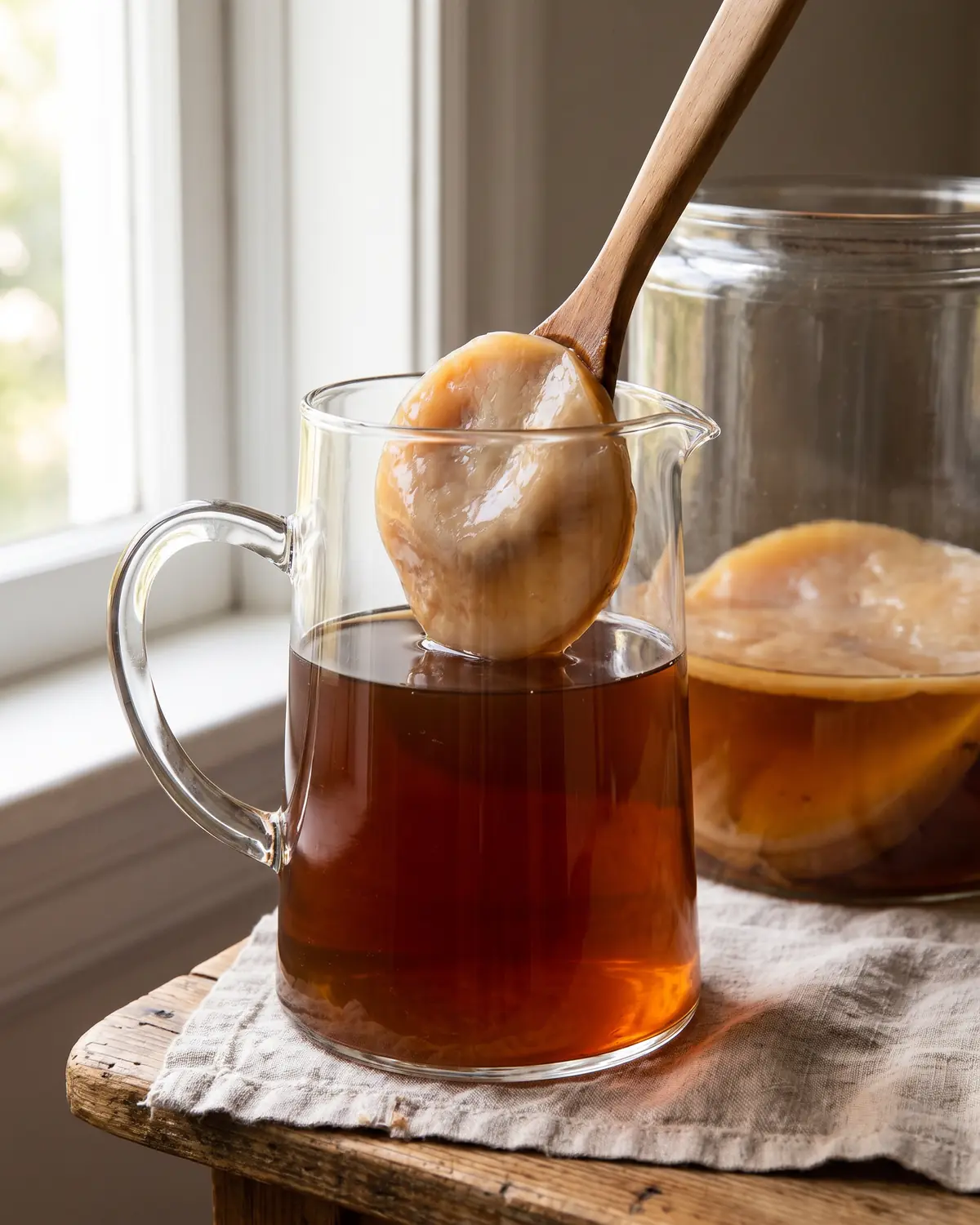 kombucha quantité par jour Jarre de thé froid près d’un bocal de kombucha, avec un SCOBY beige brun flou en arrière-plan.