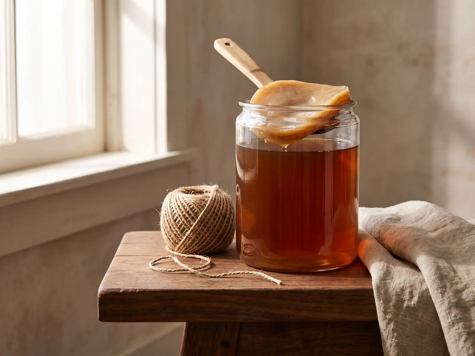 kombucha quantité par jour Bocal de kombucha sur un banc bas en noyer, avec corde naturelle et tissu en lin à côté.