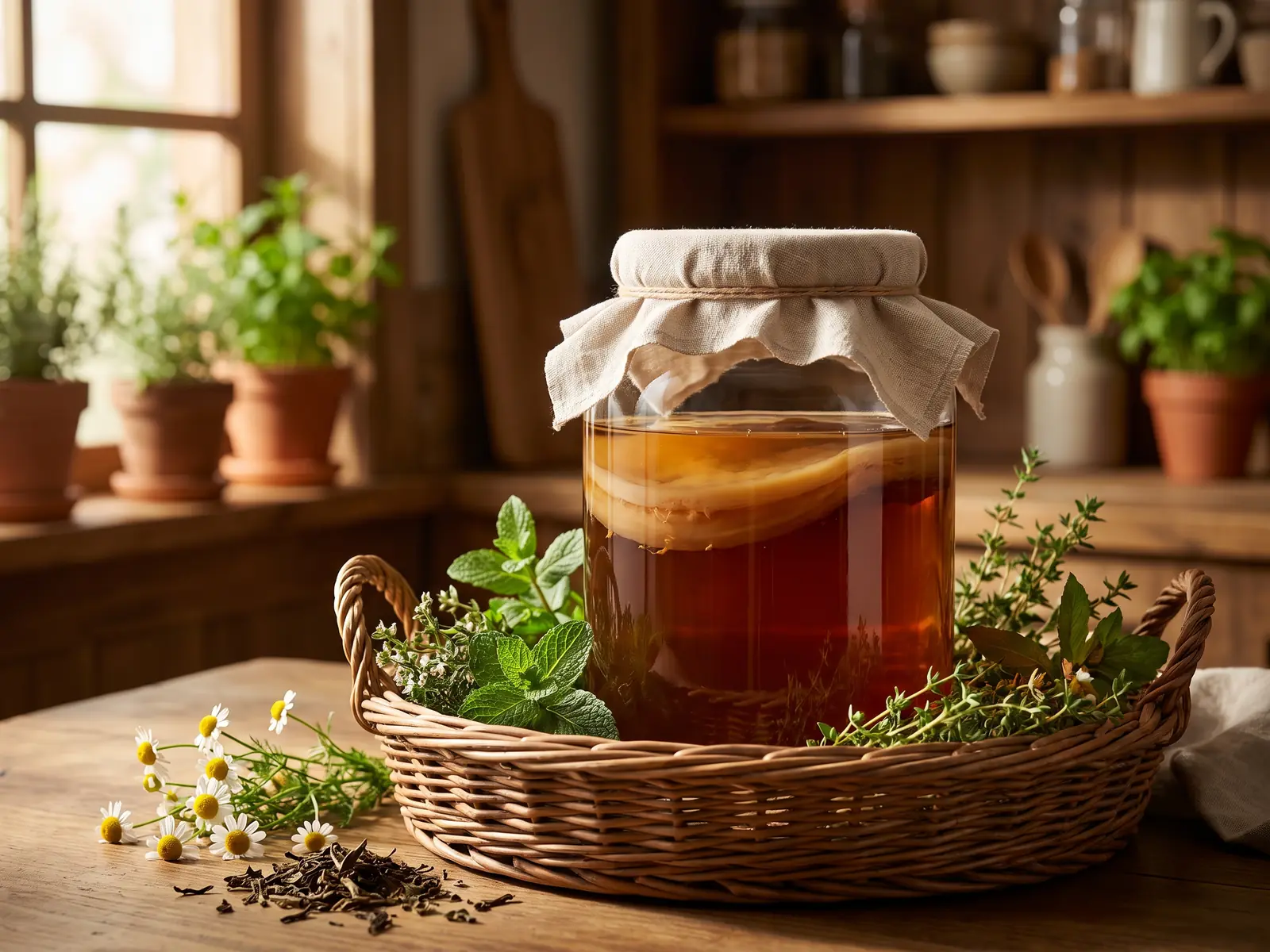 Panier en osier avec un bocal de kombucha couvert d&rsquo;un tissu, SCOBY brun dans du th&eacute; sombre et herbes autour.