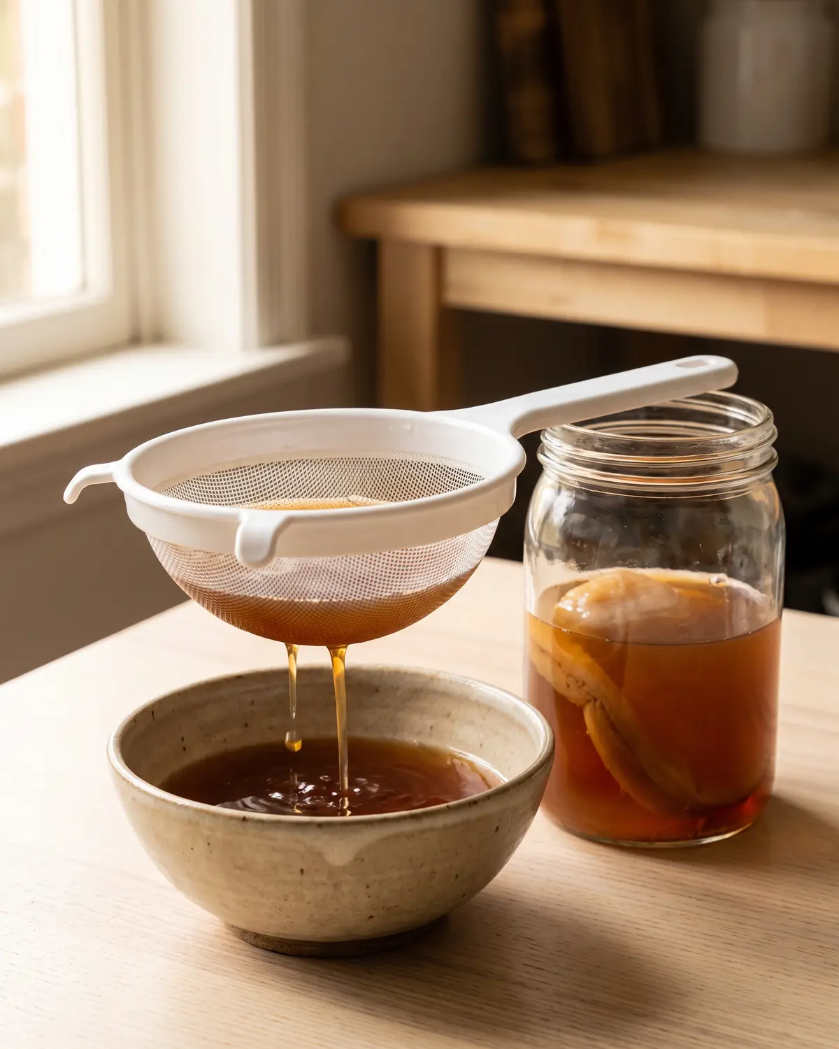 bienfaits du kombucha sur la peau Passoire blanche laissant goutter du thé fermenté dans un bol beige sur une surface en bois clair.
