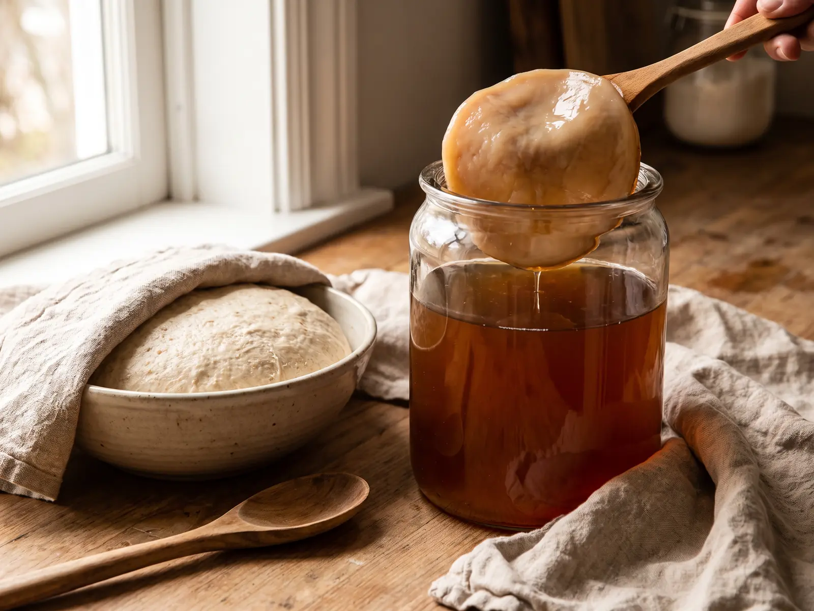 kombucha bienfaits peau Bocal de SCOBY sur une plan de travail avec pâte à pain couverte, cuillère en bois et linge naturel.