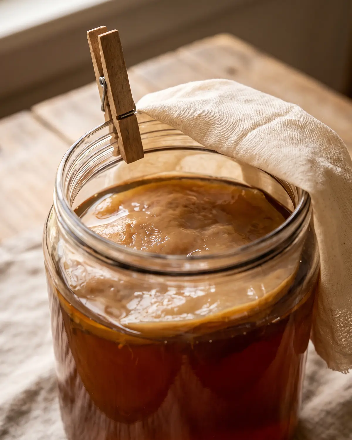 kombucha bienfaits peau Pince en bois tenant le tissu retiré d’un bocal ouvert, avec le SCOBY visible sous le thé sombre.
