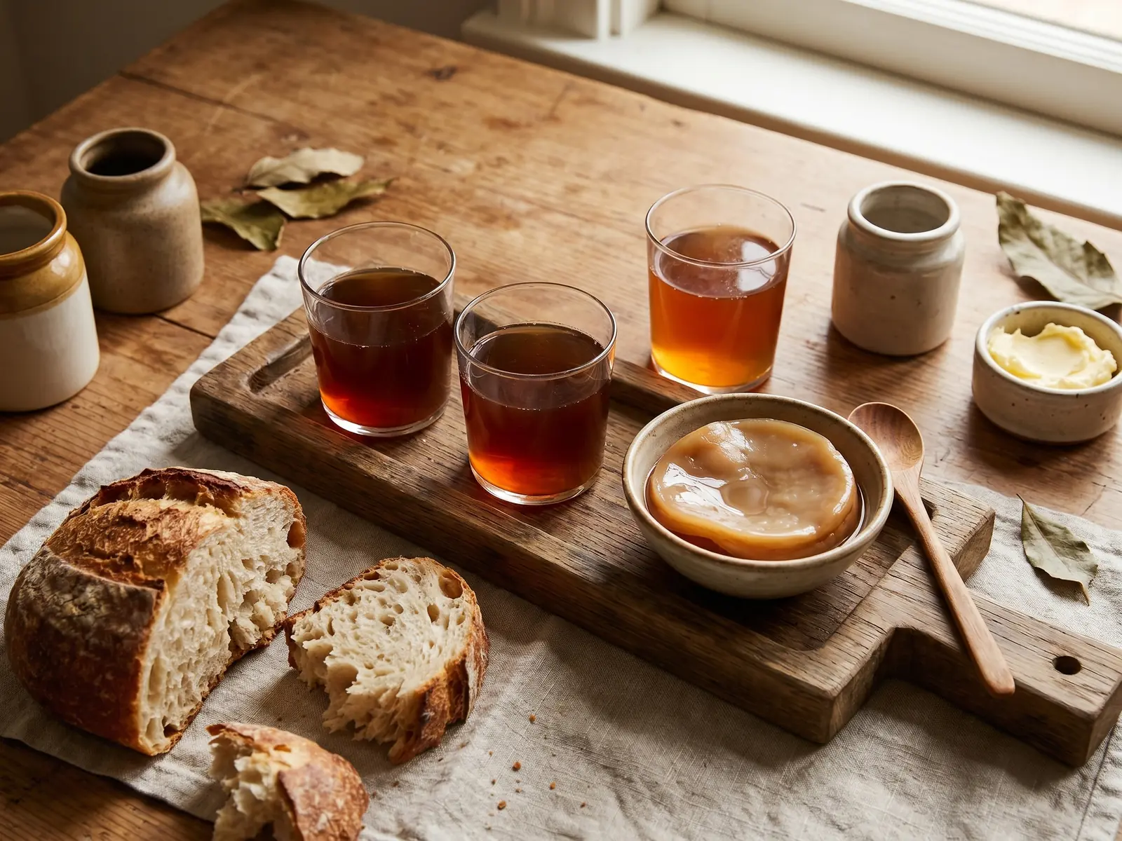 Plateau de d&eacute;gustation avec verres de kombucha ambr&eacute;, SCOBY en bol et pain rustique.