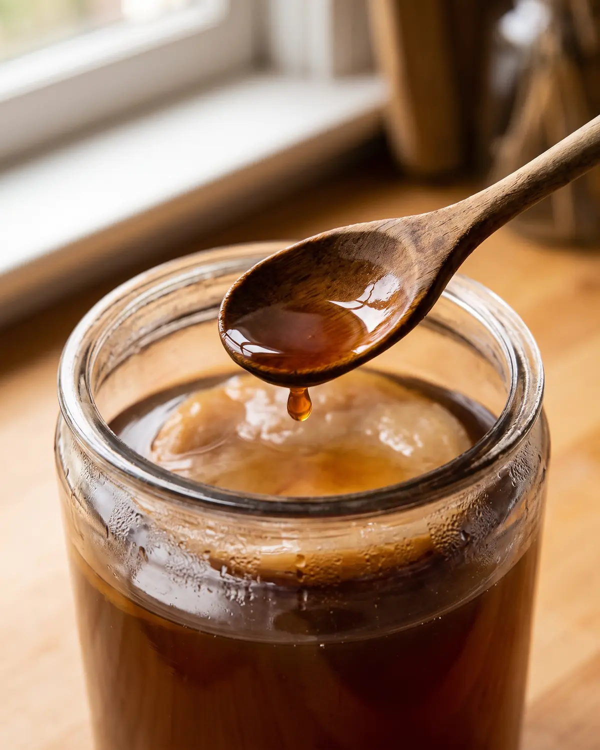Pointe de cuill&egrave;re en bois testant une goutte de th&eacute; ferment&eacute;, avec un bocal de SCOBY en arri&egrave;re-plan.