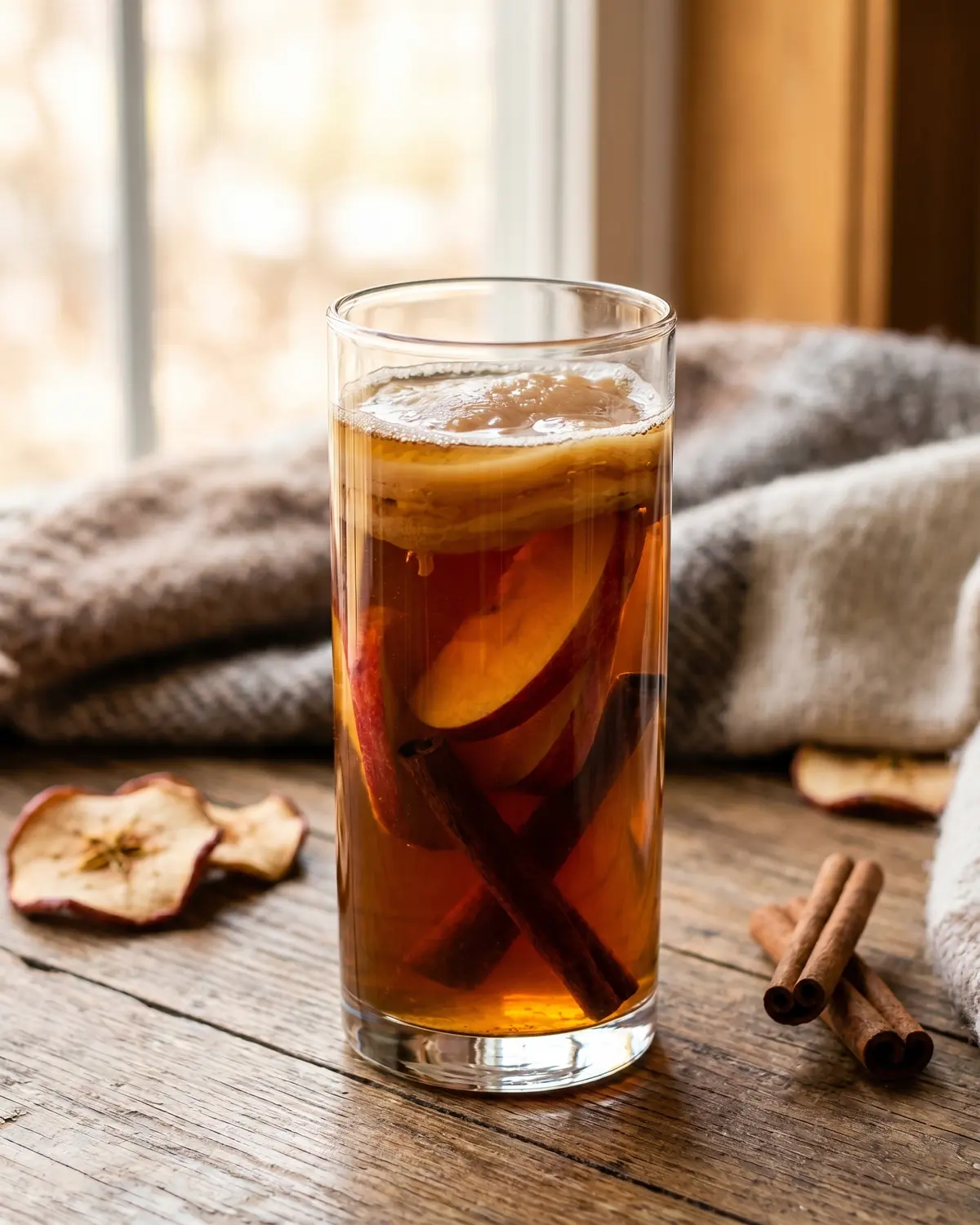 Verre &eacute;troit de kombucha &agrave; la pomme et &agrave; la cannelle, dans une ambiance hivernale chaude et lumineuse.