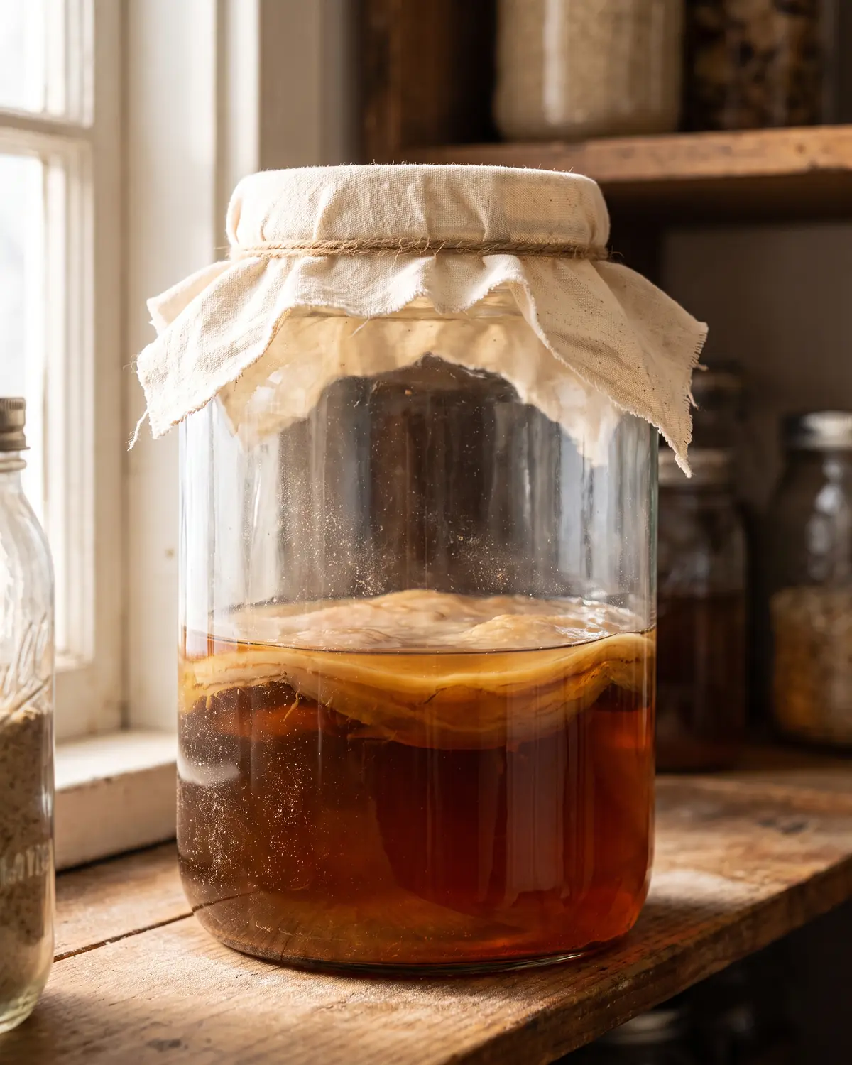 D&eacute;tail d&rsquo;un bocal de kombucha sur une &eacute;tag&egrave;re, avec verre poussi&eacute;reux et SCOBY sombre sous tissu cr&egrave;me
