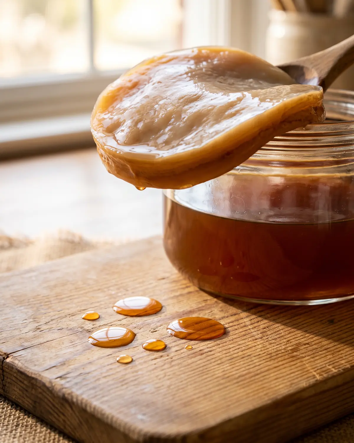 kombucha et santé Gouttes ambrées sur une planche de pin, avec base de bocal surélevée et SCOBY visible au-dessus.