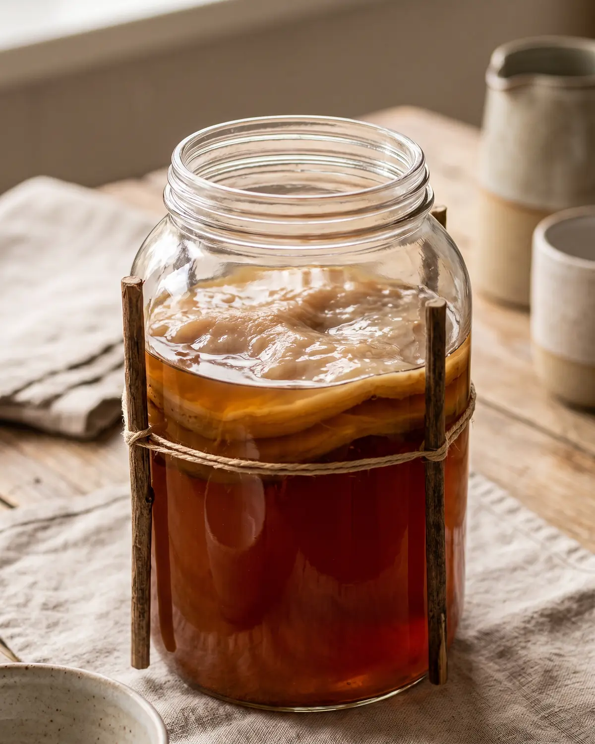 Bocal de kombucha ambr&eacute; avec SCOBY ondul&eacute;, hauteur rep&eacute;r&eacute;e &agrave; l&rsquo;ext&eacute;rieur par des b&acirc;tonnets et un cordon.