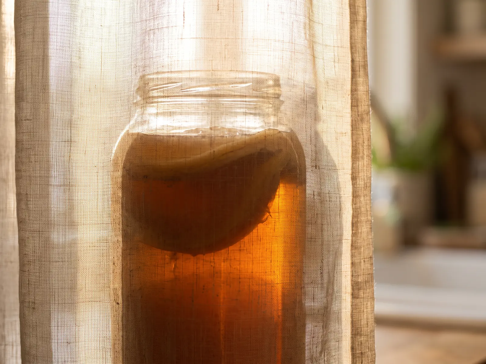 Bocal de kombucha ambr&eacute; derri&egrave;re un rideau de lin, avec le SCOBY visible en disque opaque.