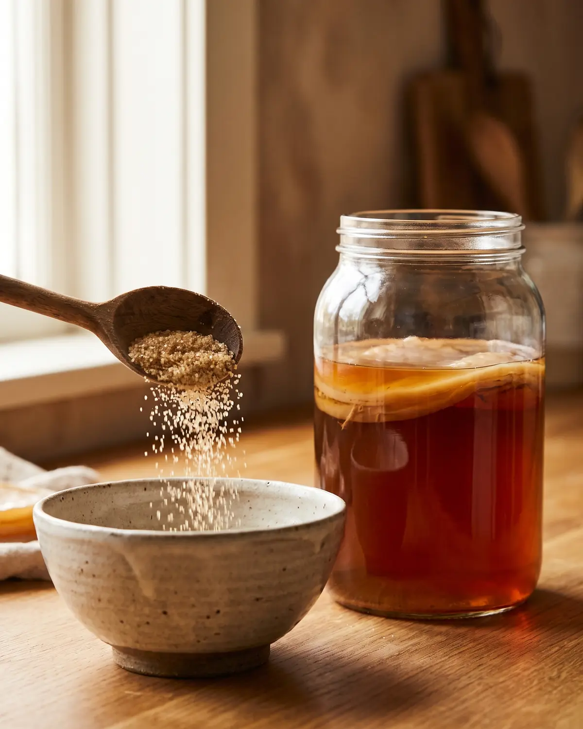 quand boire du kombucha Cuillère en bois versant du sucre dans un bol, avec un bocal de SCOBY à proximité en lumière chaude.