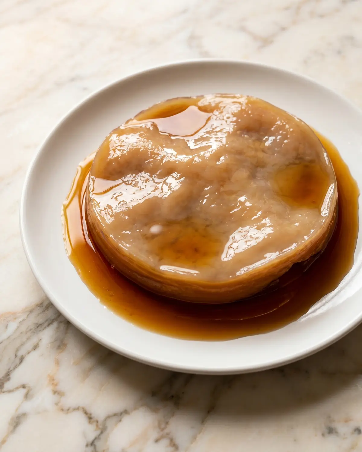kefir kombucha Mère de kombucha humide posée sur une assiette blanche avec liquide de démarrage brillant sur marbre veiné