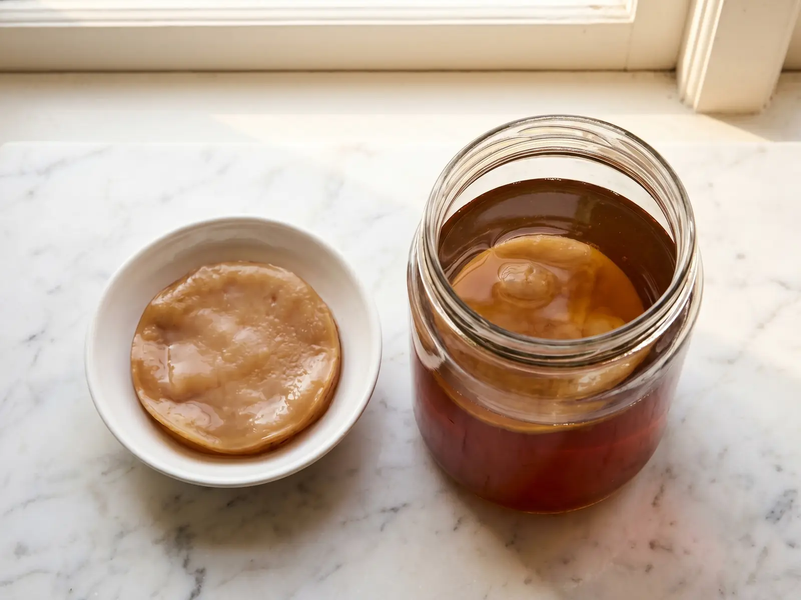 SCOBY beige dans un bol en c&eacute;ramique pr&egrave;s d&rsquo;un bocal de th&eacute; ambr&eacute; sur un marbre vein&eacute;.
