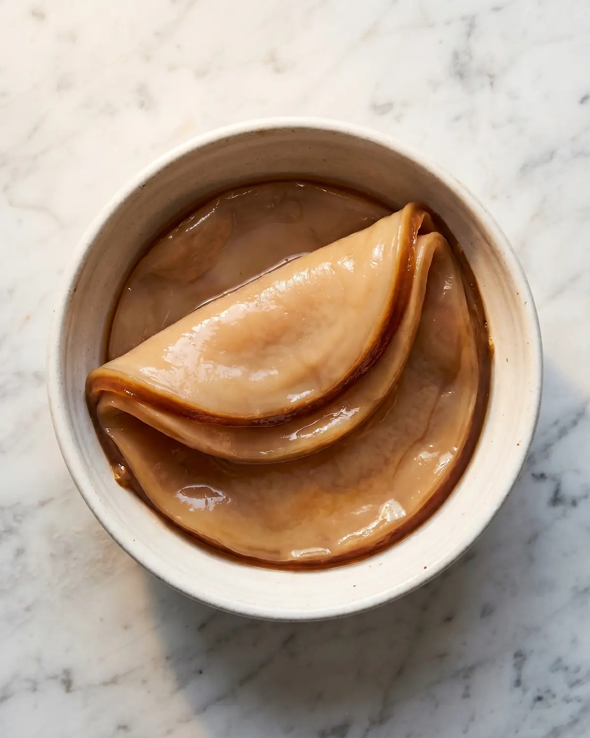 kombucha et perte de poids SCOBY épais replié dans un bol en céramique, avec un bord beige plus foncé bien visible.