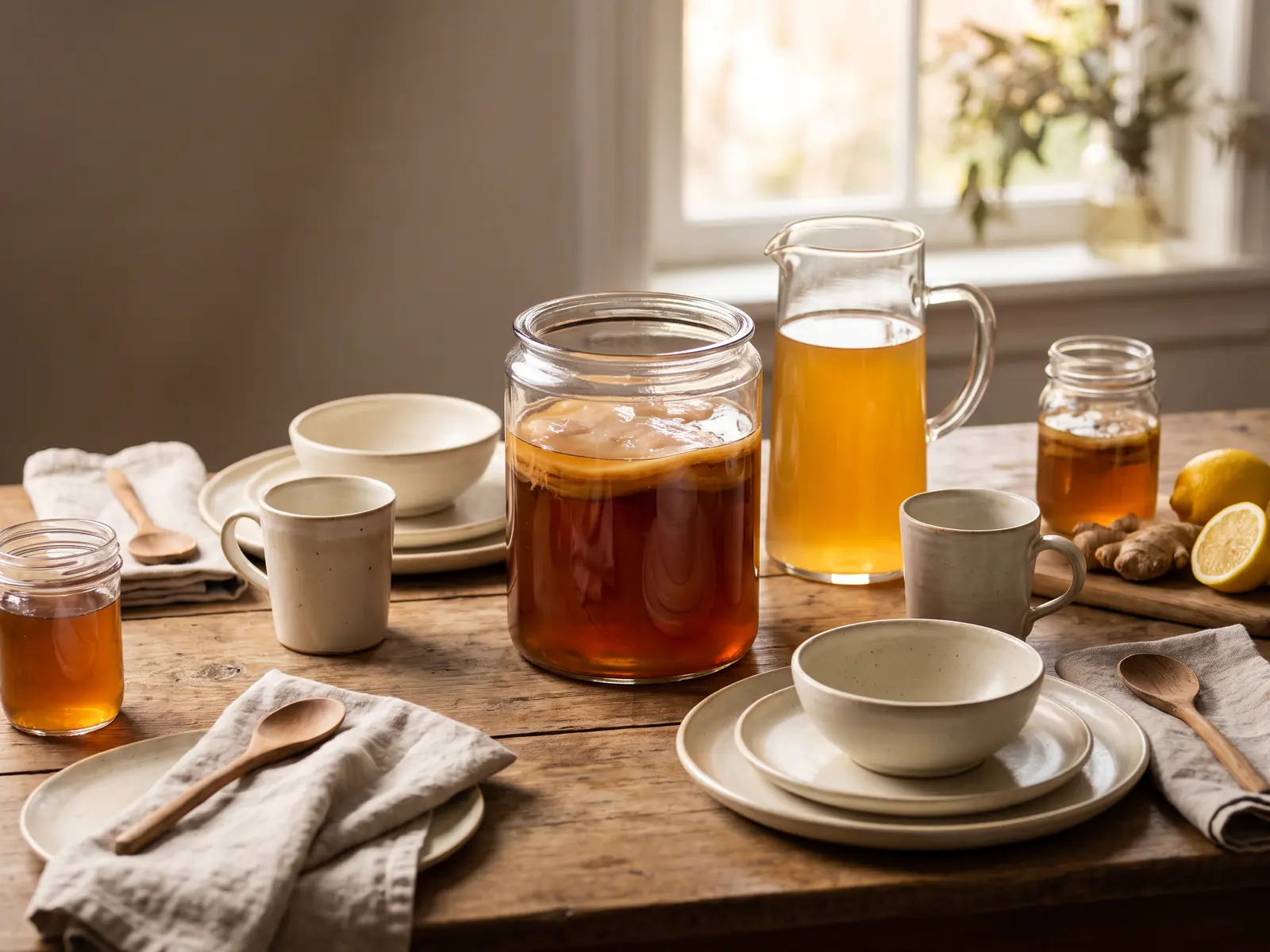 Table dress&eacute;e pour deux avec jarre de kombucha, bocal de SCOBY et c&eacute;ramique cr&egrave;me sur fond naturel.