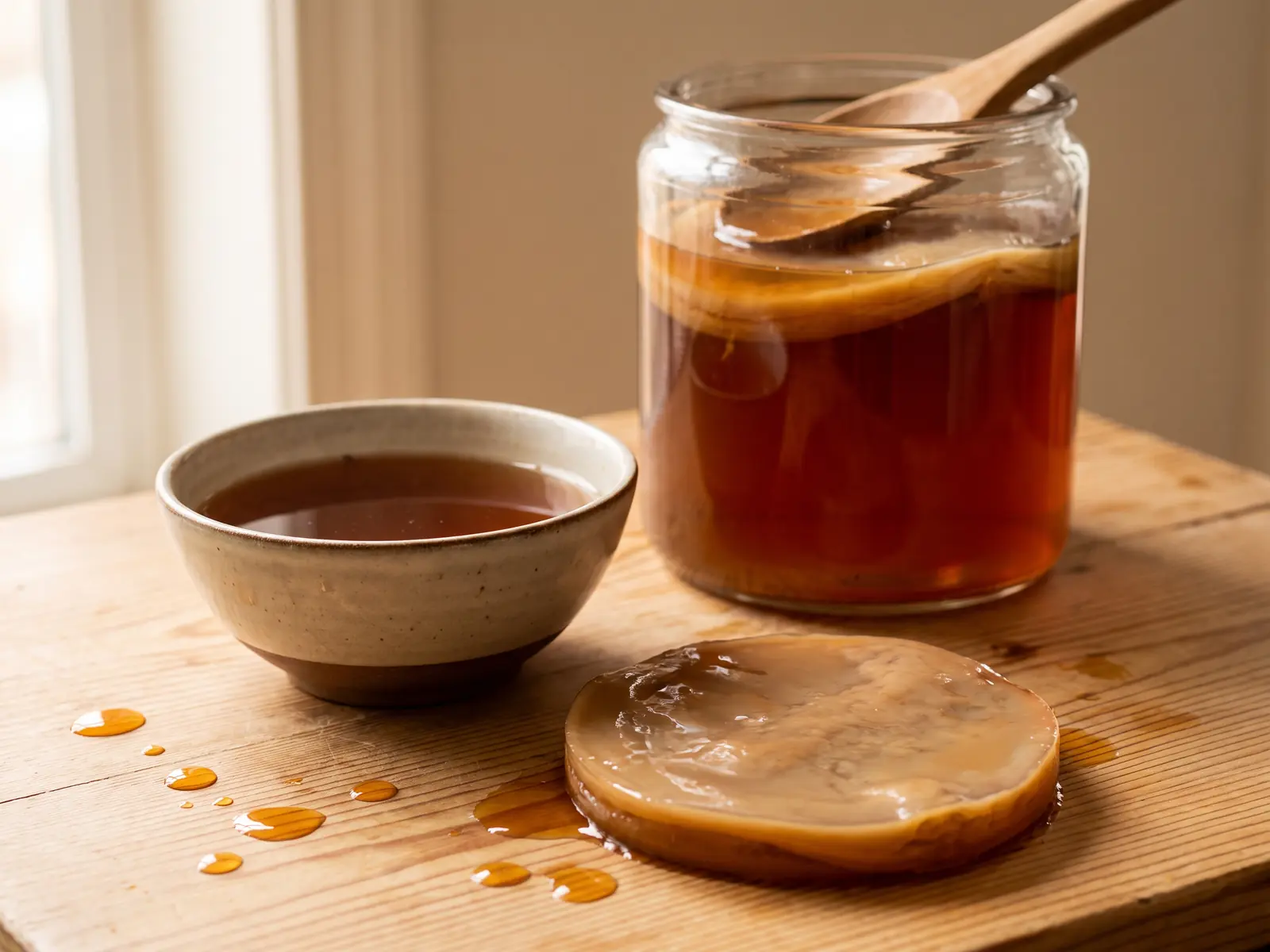 mère de kombucha à donner Tarro de kombucha sur une table en pin avec gouttes ambrées et bol de thé en arrière-plan.