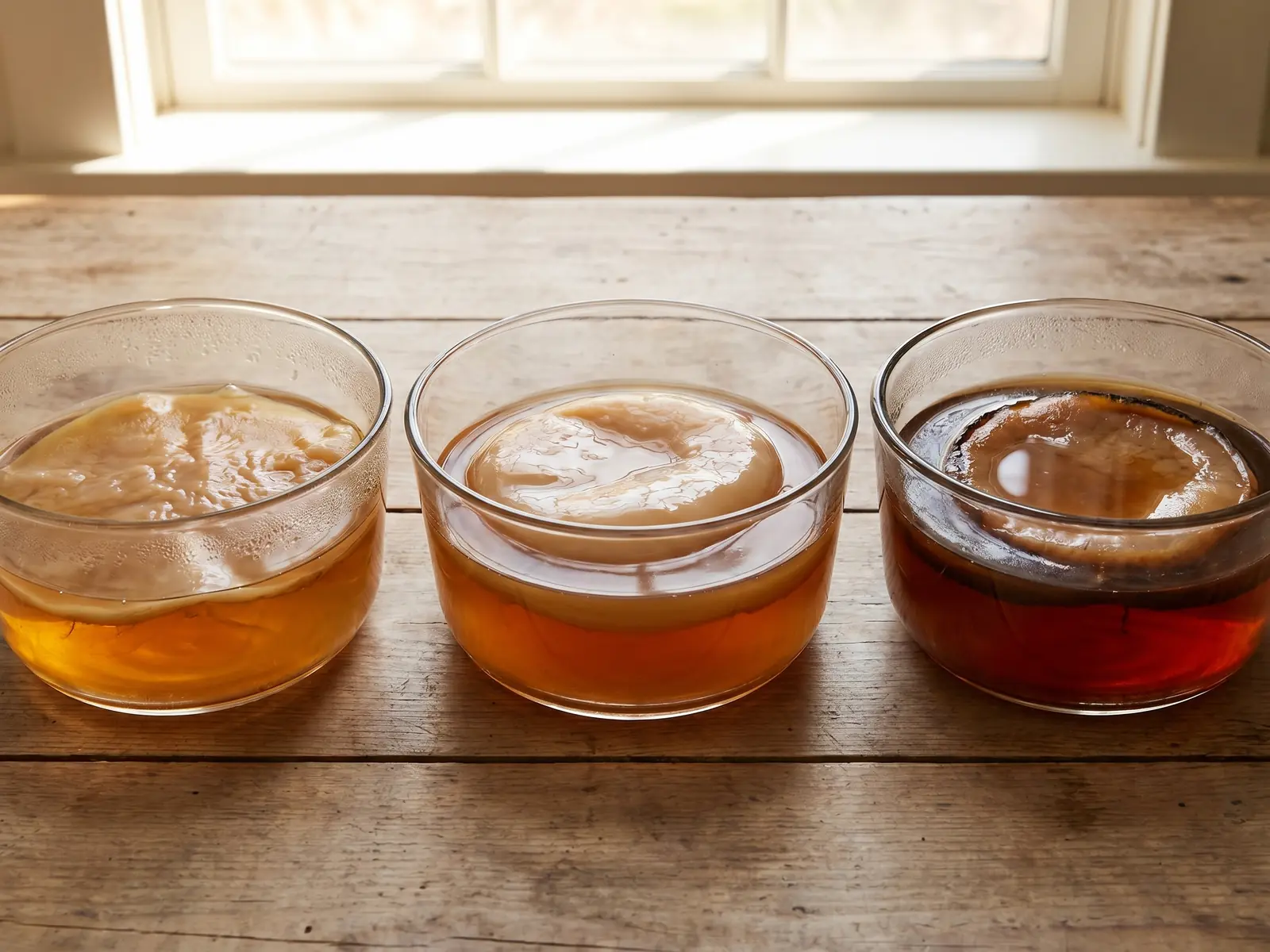 mère de kombucha bienfaits Trois bols montrent des mères de kombucha d’épaisseurs différentes dans du thé fermenté ambré.