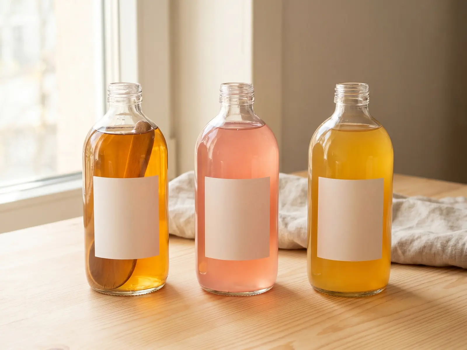 Trois bouteilles de kombucha ambr&eacute;, rose fruit&eacute; et au gingembre avec &eacute;tiquette blanche.