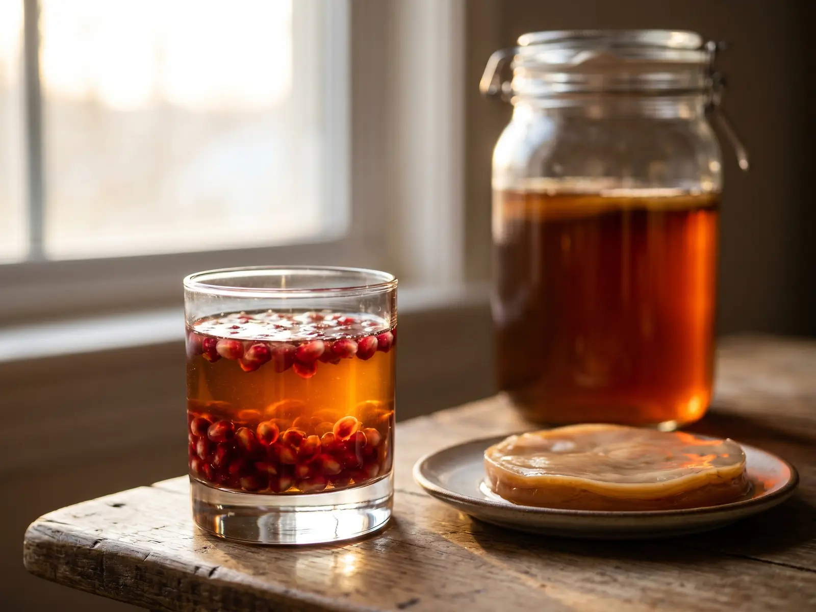 Verre de kombucha sombre avec grenade, bouteille en arri&egrave;re-plan et lumi&egrave;re lat&eacute;rale de fen&ecirc;tre.