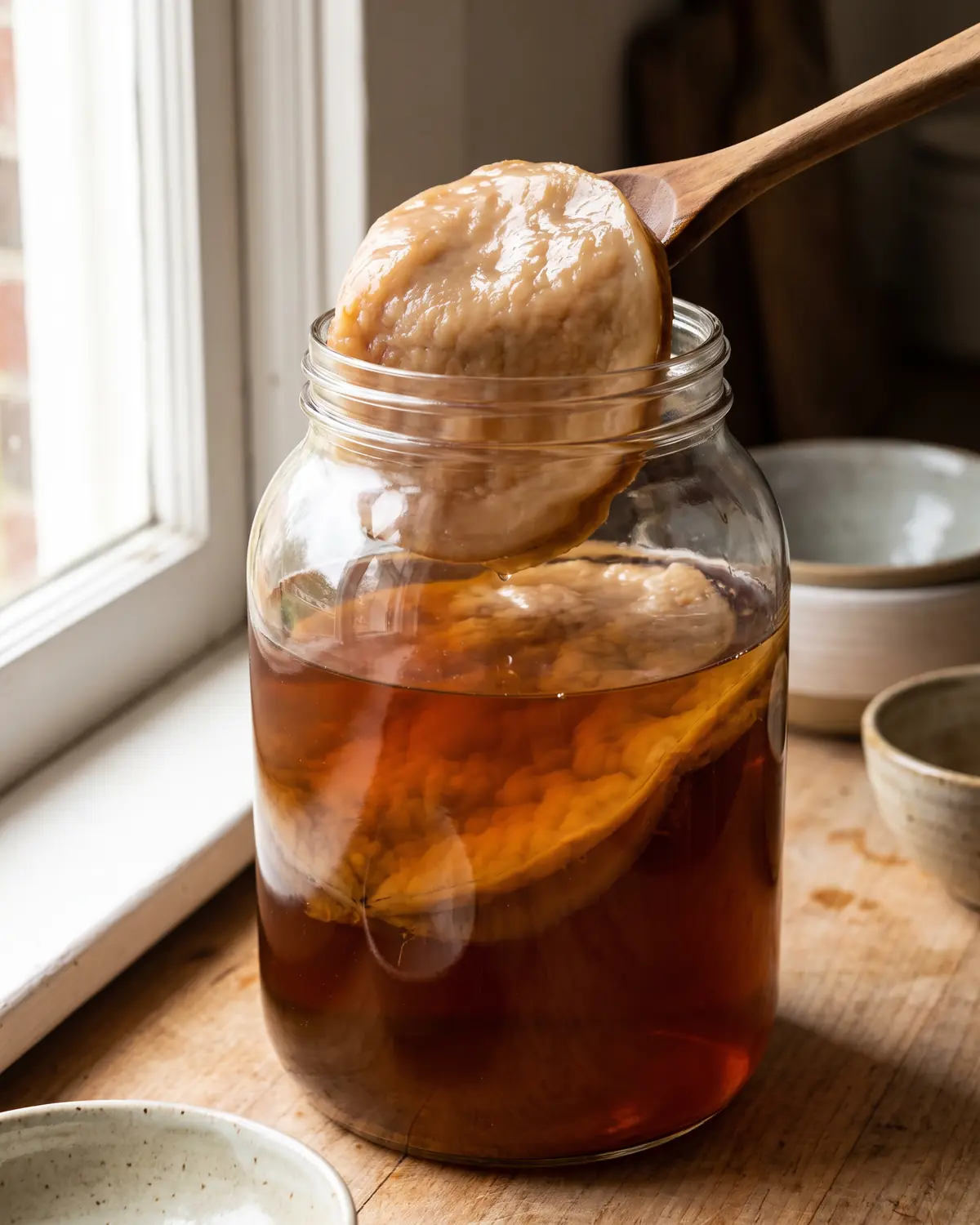 Vue &agrave; travers un verre courbe montrant un SCOBY beige-brun comme un nuage sous une surface ambr&eacute;e.