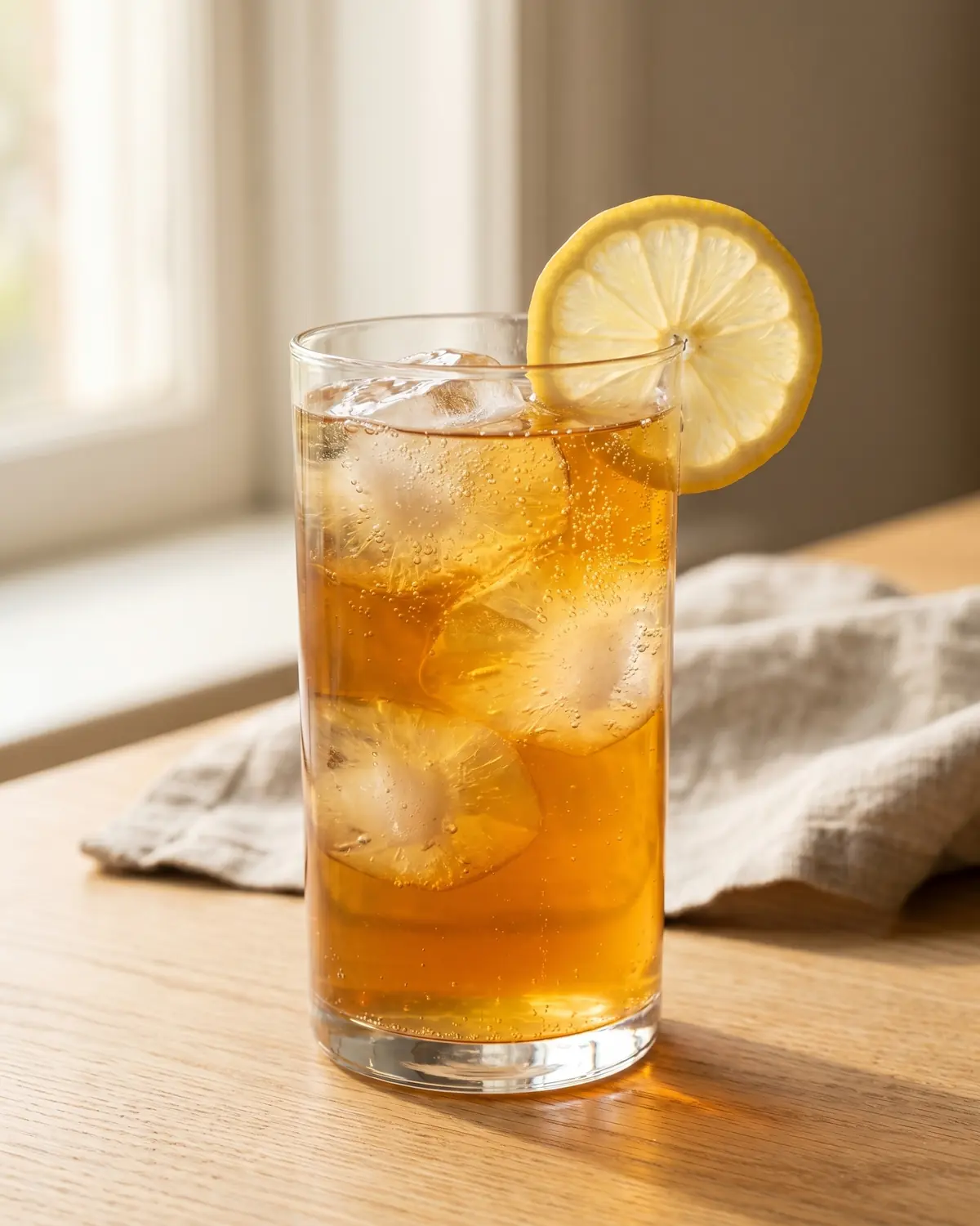 Verre de kombucha ambr&eacute; avec gla&ccedil;ons et rondelle de citron, pr&ecirc;t &agrave; &ecirc;tre d&eacute;gust&eacute; bien frais.